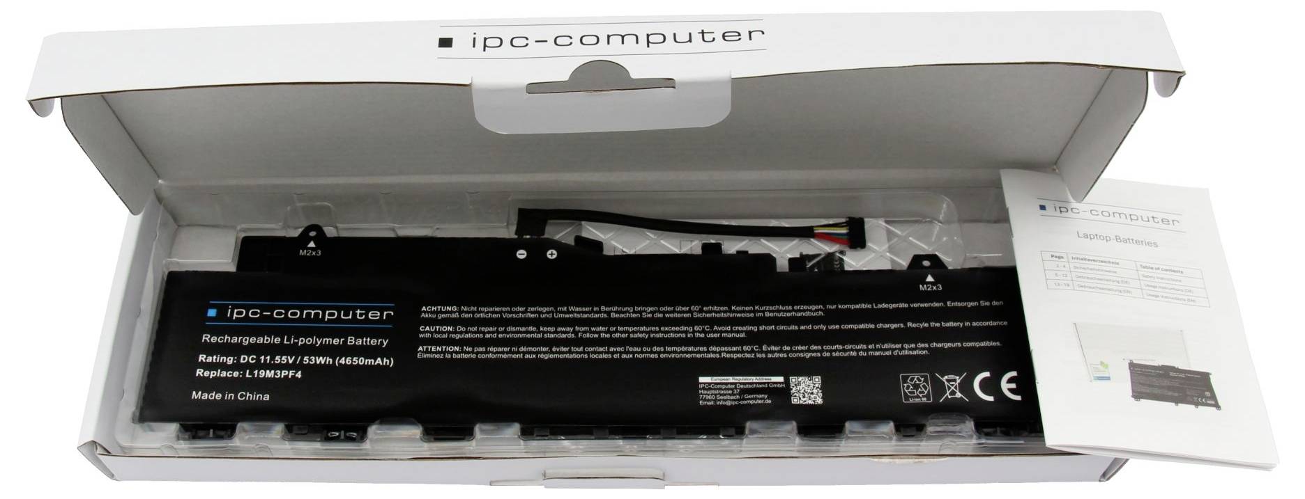 Offene Schachtel mit einem IPC-Computer-Laptop-Akkupack mit sichtbarem Produktetikett und Anleitung.