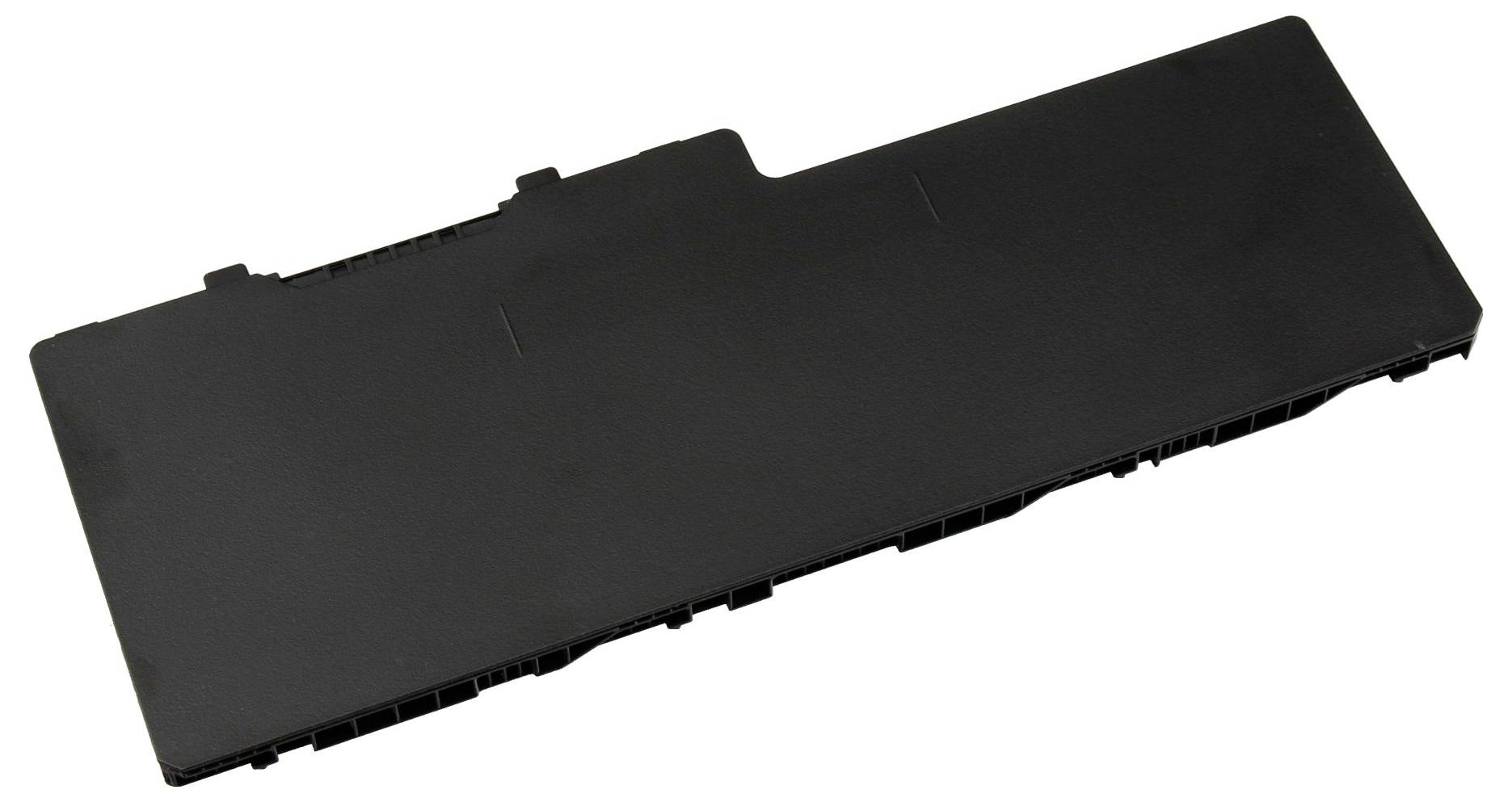 Schwarzes rechteckiges Laptop-Akkupack auf weißem Hintergrund dargestellt.