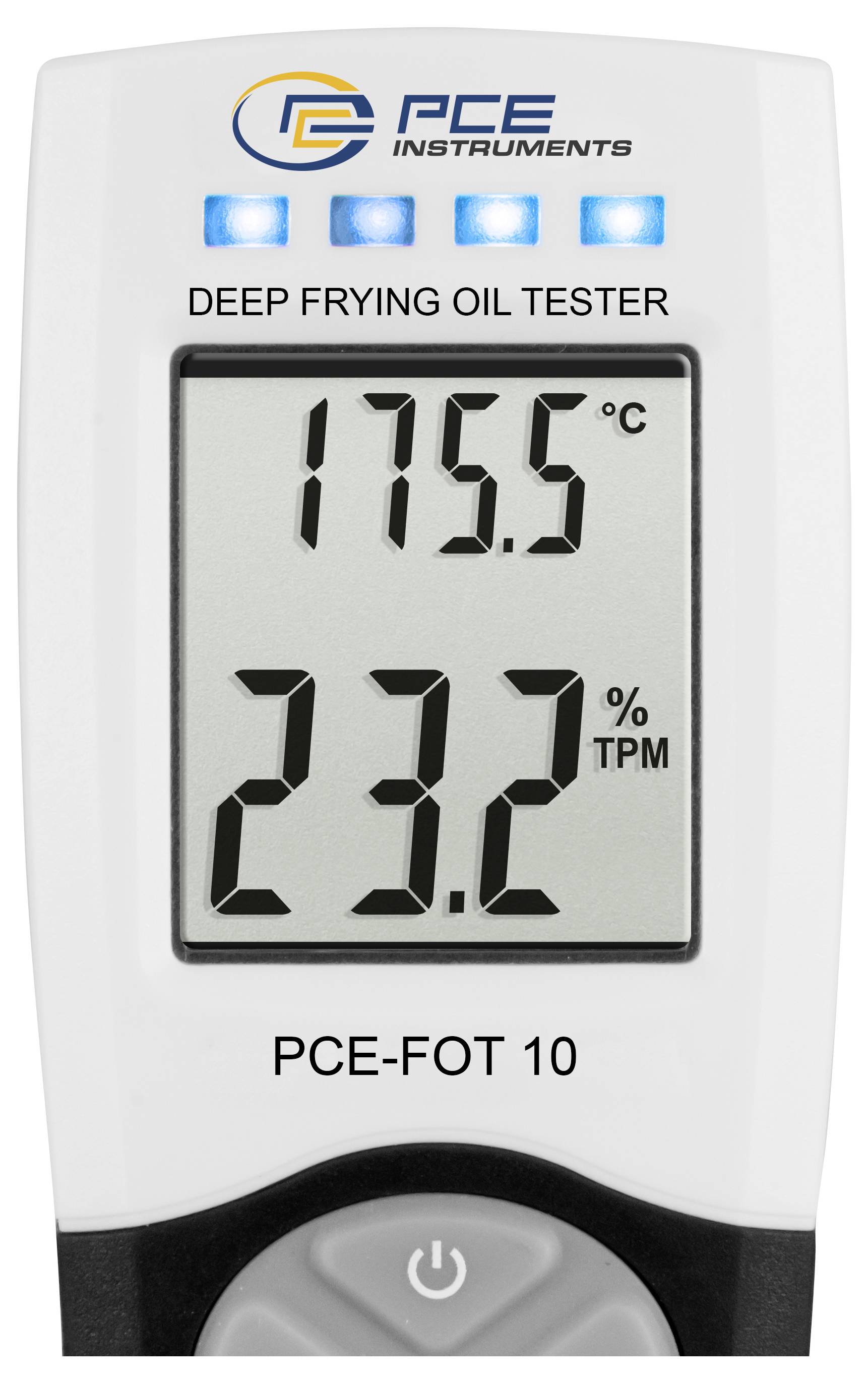PCE Instruments Frittiöl-Testgerät mit einer Anzeige von 175,5°C und 23,2% TPM auf dem Display.