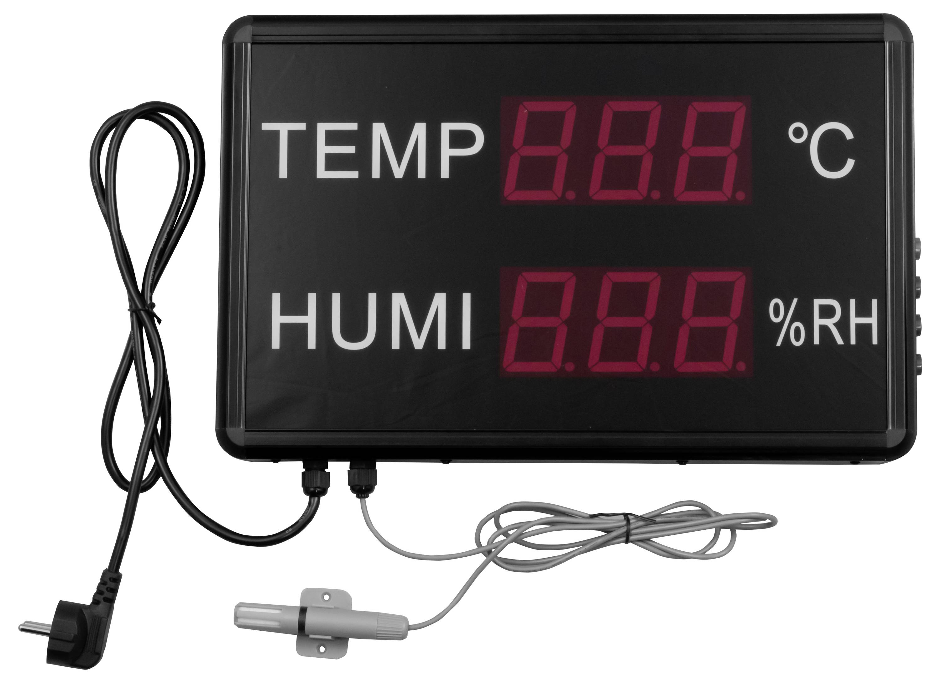 Digitales Temperatur- und Feuchtemessgerät mit Sensorsonden, zeigt 'TEMP' in °C und 'HUMI' in %RH