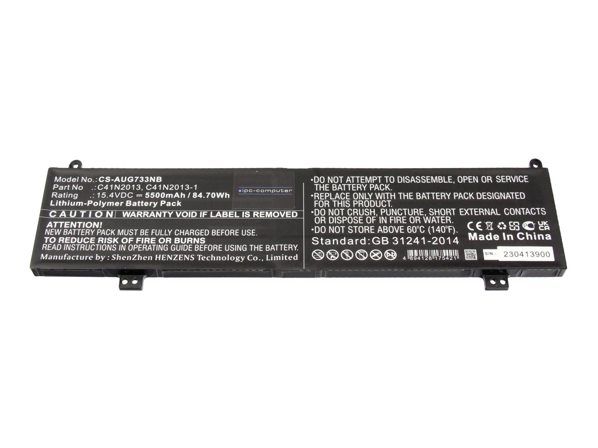 Langes schwarzes Lithium-Polymer-Akkupack mit Warnkennzeichnungen und Modellinformationen auf dem Gehäuse bedruckt.
