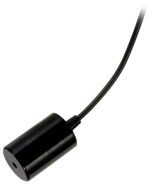Schwarzer zylindrischer Kabelsensor oder Stecker mit einem einzelnen Draht, der sich auf weißem Hintergrund nach oben erstreckt.