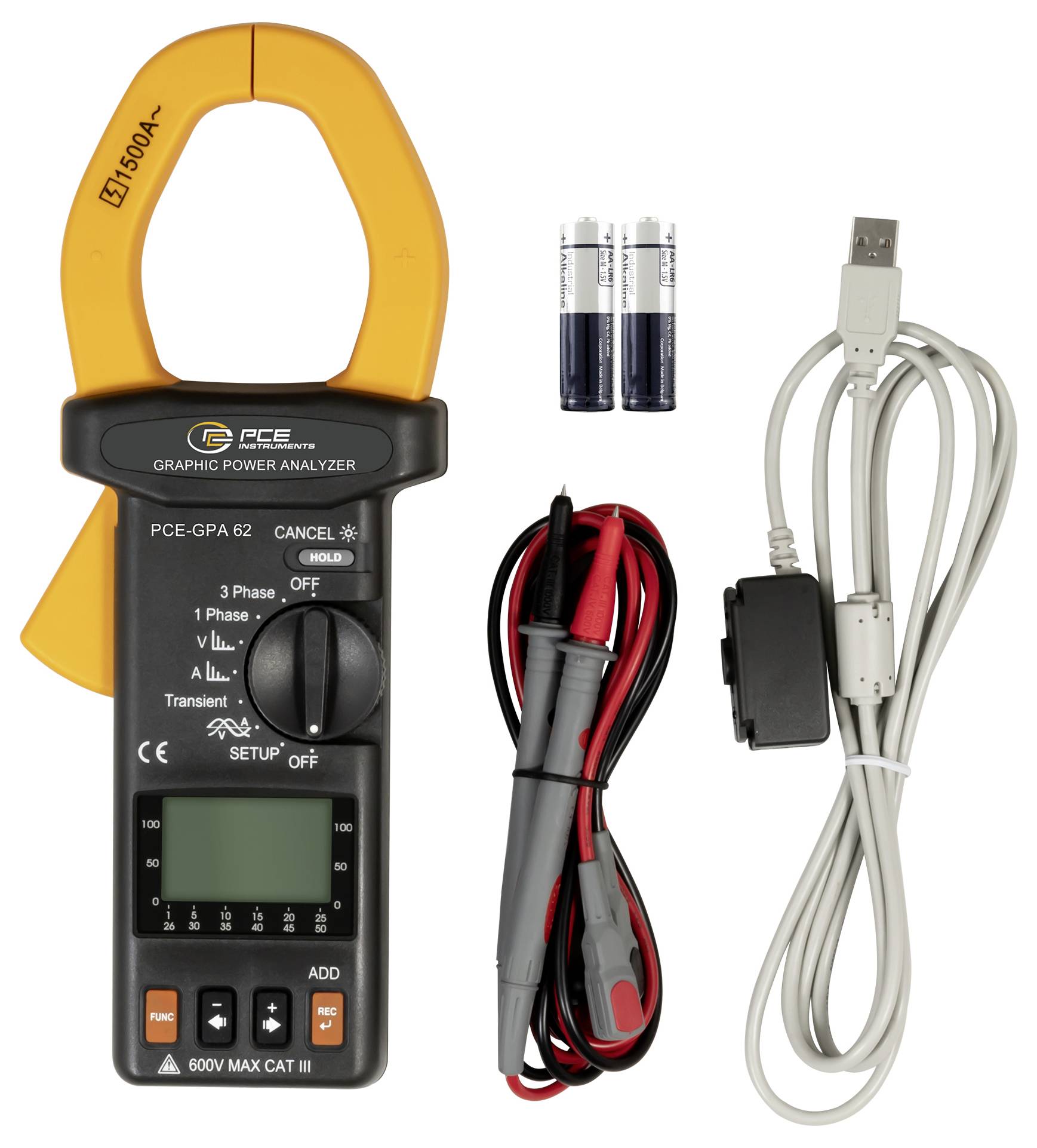 Stromzangenmessgerät-Leistungsanalysator mit Prüfleitungen, USB-Kabel und Batterien auf weißem Hintergrund.