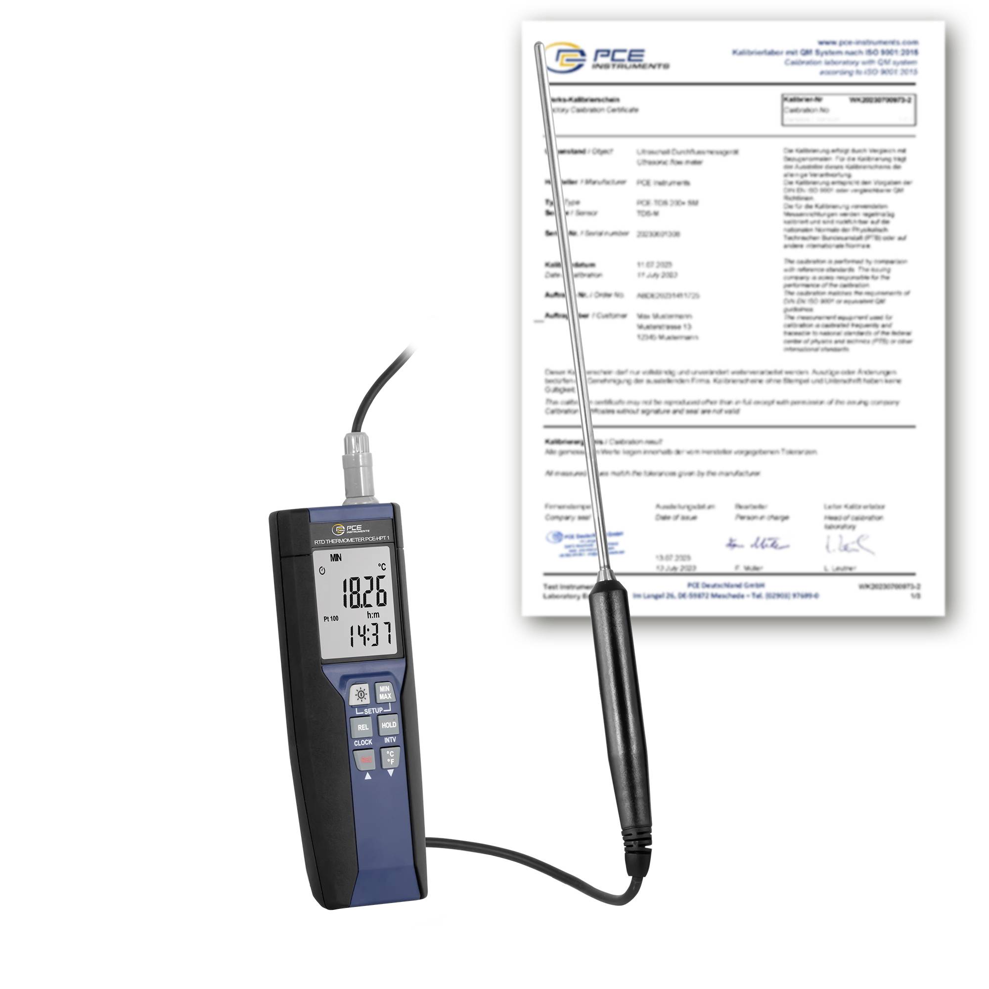 Digitales tragbares Thermometer mit Messfühler, das eine Temperaturanzeige zeigt, neben einem Kalibrierzertifikat-Dokument.