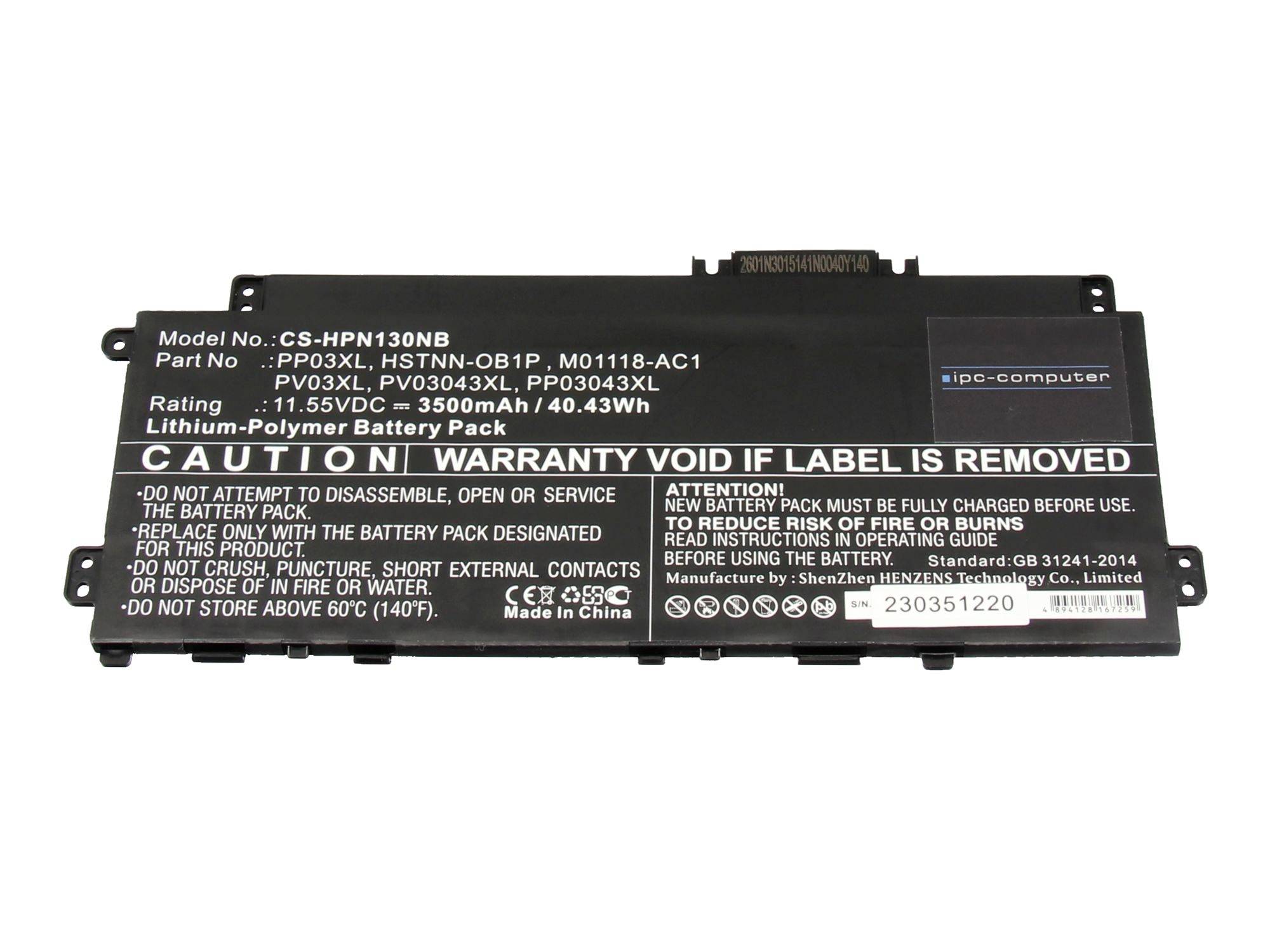 Schwarzer Laptop-Akku mit Modell- und Sicherheitswarnungen, mit Angaben von 11,55V, 3500mAh, 40,43Wh und HP-kompatiblen Teilenummern.