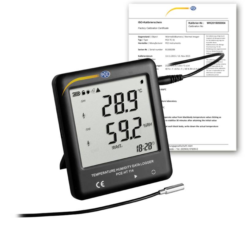 Temperatur- und Feuchtigkeitsdatenschreiber mit Sonde, zeigt 28,9°C und 59,2% relative Luftfeuchte an, mit Kalibrierzertifikat im Hintergrund.