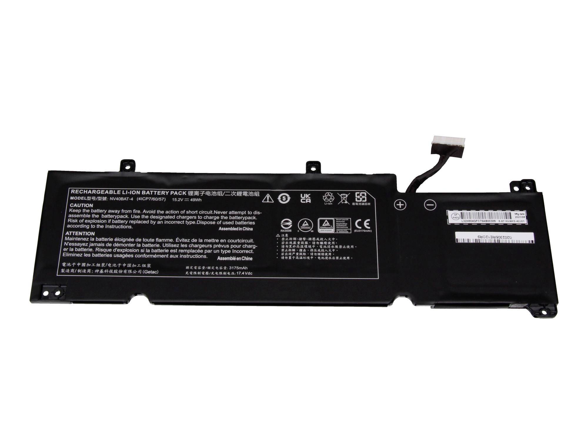 Schwarze wiederaufladbare Lithium-Ionen-Laptop-Batterie mit Anschlusskabel und Warnetiketten auf weißem Hintergrund.