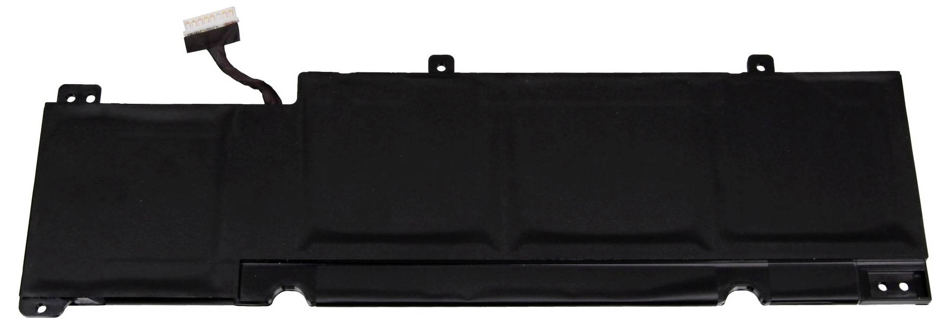 Schwarzes rechteckiges elektronisches Batteriepack oder Laptopbatterie mit Befestigungslaschen und angeschlossenem Kabel auf weißem Hintergrund