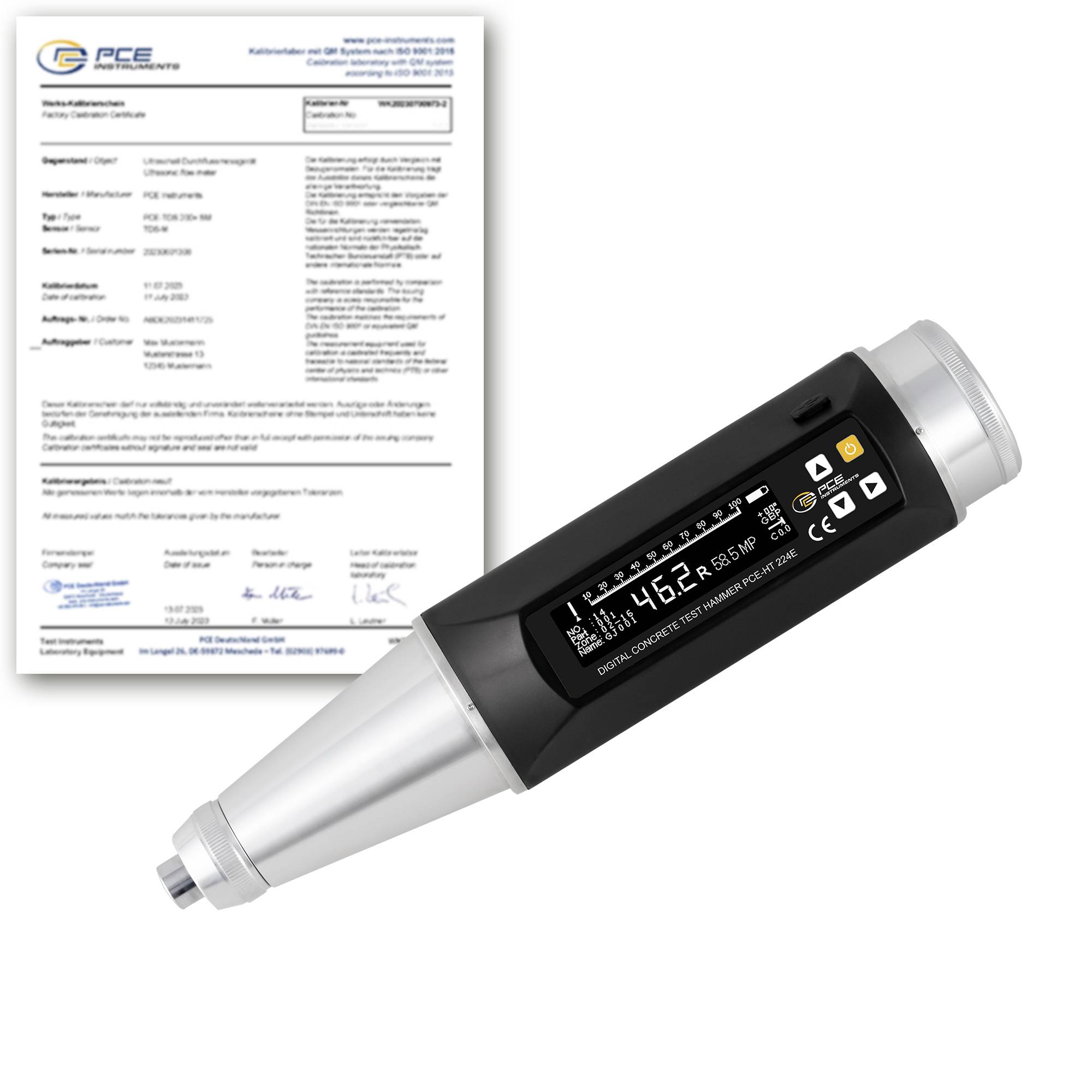 Digitales tragbares Messinstrument mit Display und Tasten, abgebildet neben einem Kalibrierzertifikat der Firma PCE Instruments.