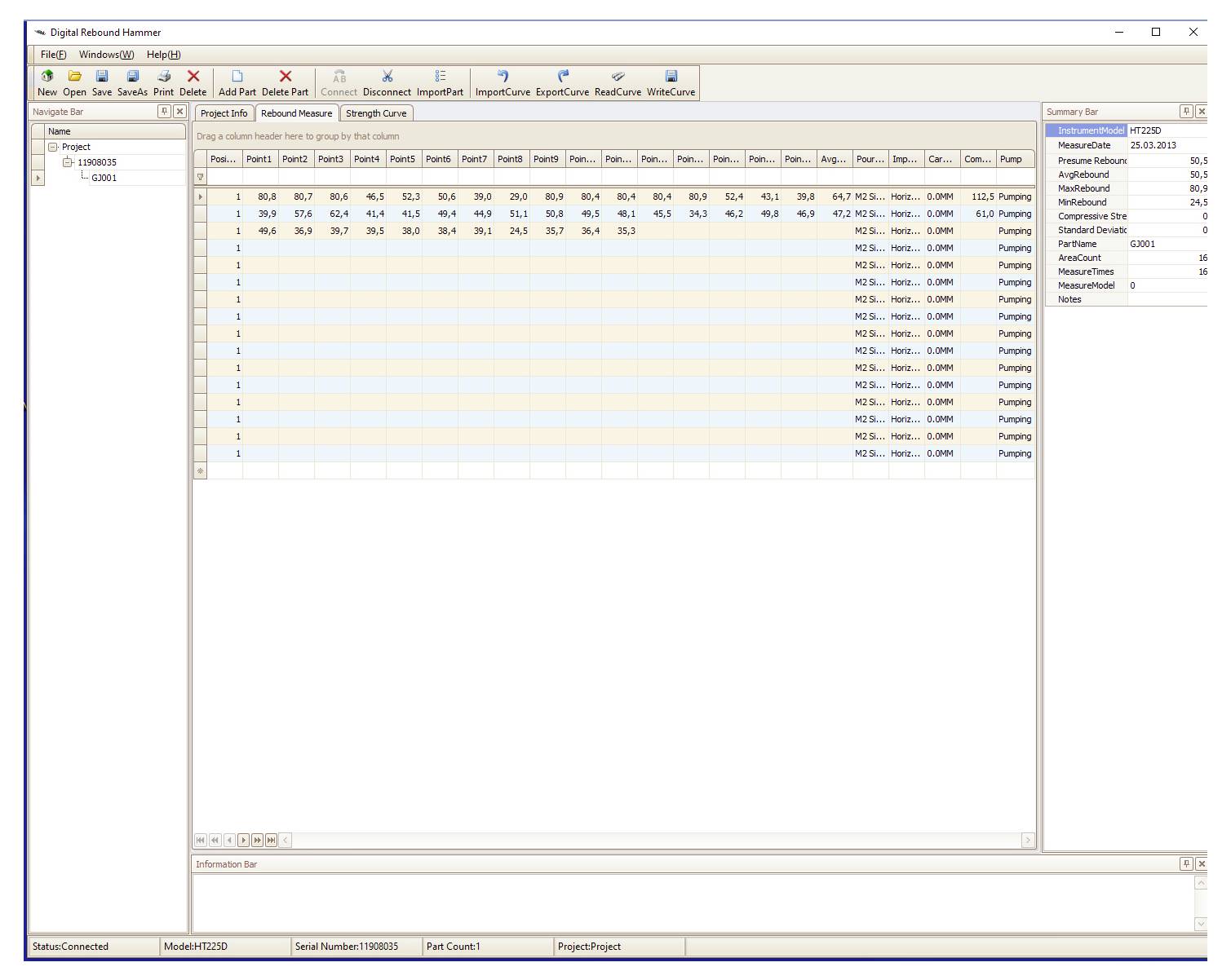 Ein Desktop-Datenverwaltungsprogramm mit einer Tabelle von Datensätzen im Hauptbereich, einem Projektbaum auf der linken Seite und einem Zusammenfassungsfeld auf der rechten Seite.