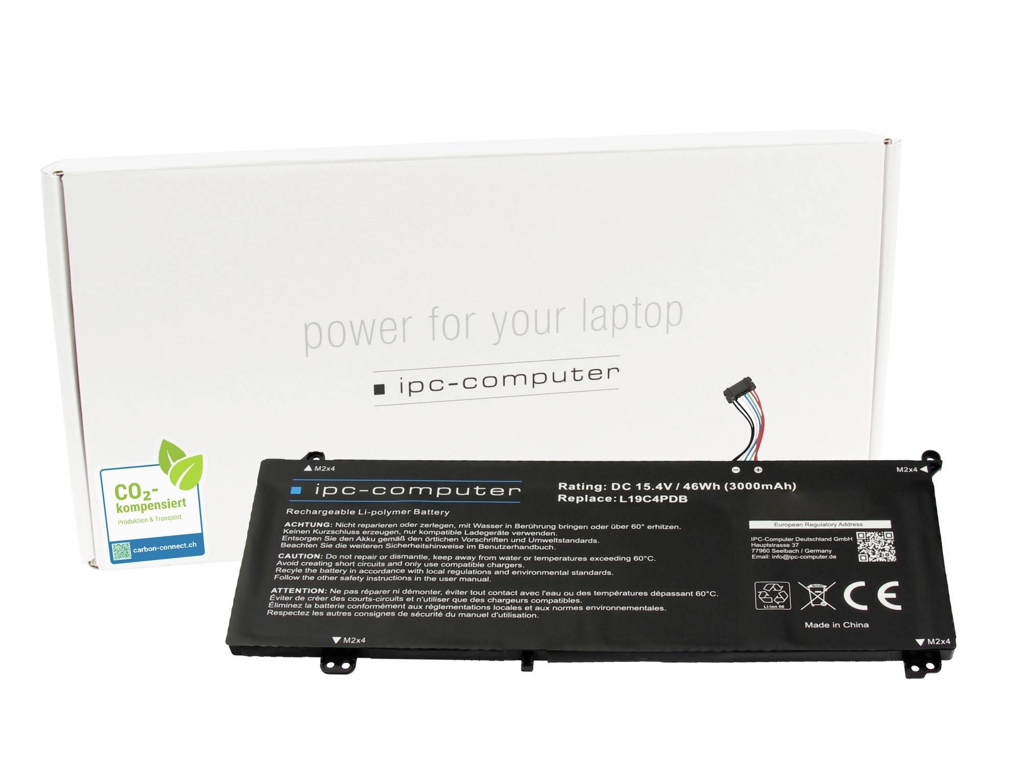 Ersatz-Laptop-Akku, der vor seiner weißen Schachtel gezeigt wird, mit den Aufschriften „Power für deinen Laptop