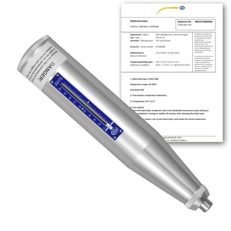 Silbersonde zur Temperaturkalibrierung in Zylinderform mit blauer Skala, abgebildet neben einem Kalibrierzertifikat.