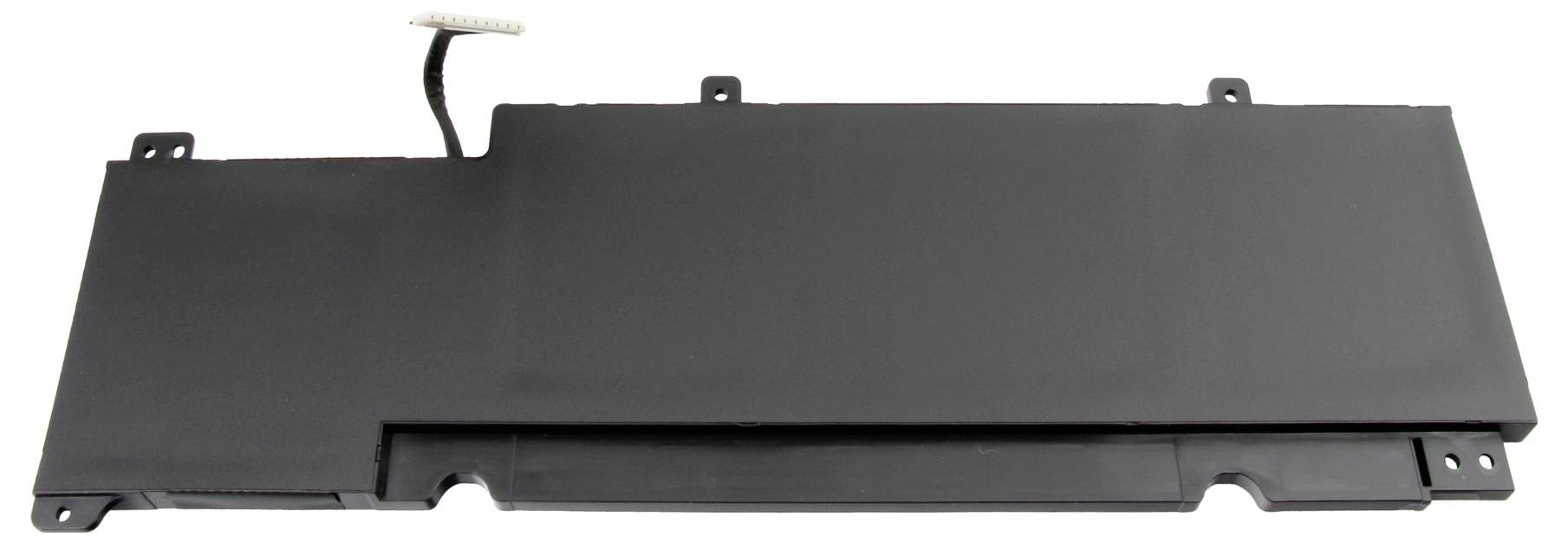 Schwarzer rechteckiger Laptop-Akku mit Befestigungslaschen und Stecker, gezeigt auf weißem Hintergrund.