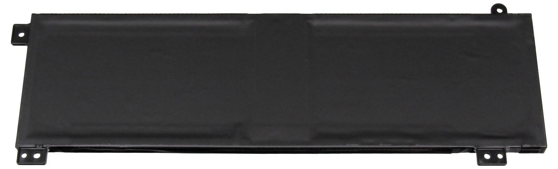 Schwarzes rechteckiges Metallblech mit Befestigungslaschen und Schraubenlöchern an beiden Enden.