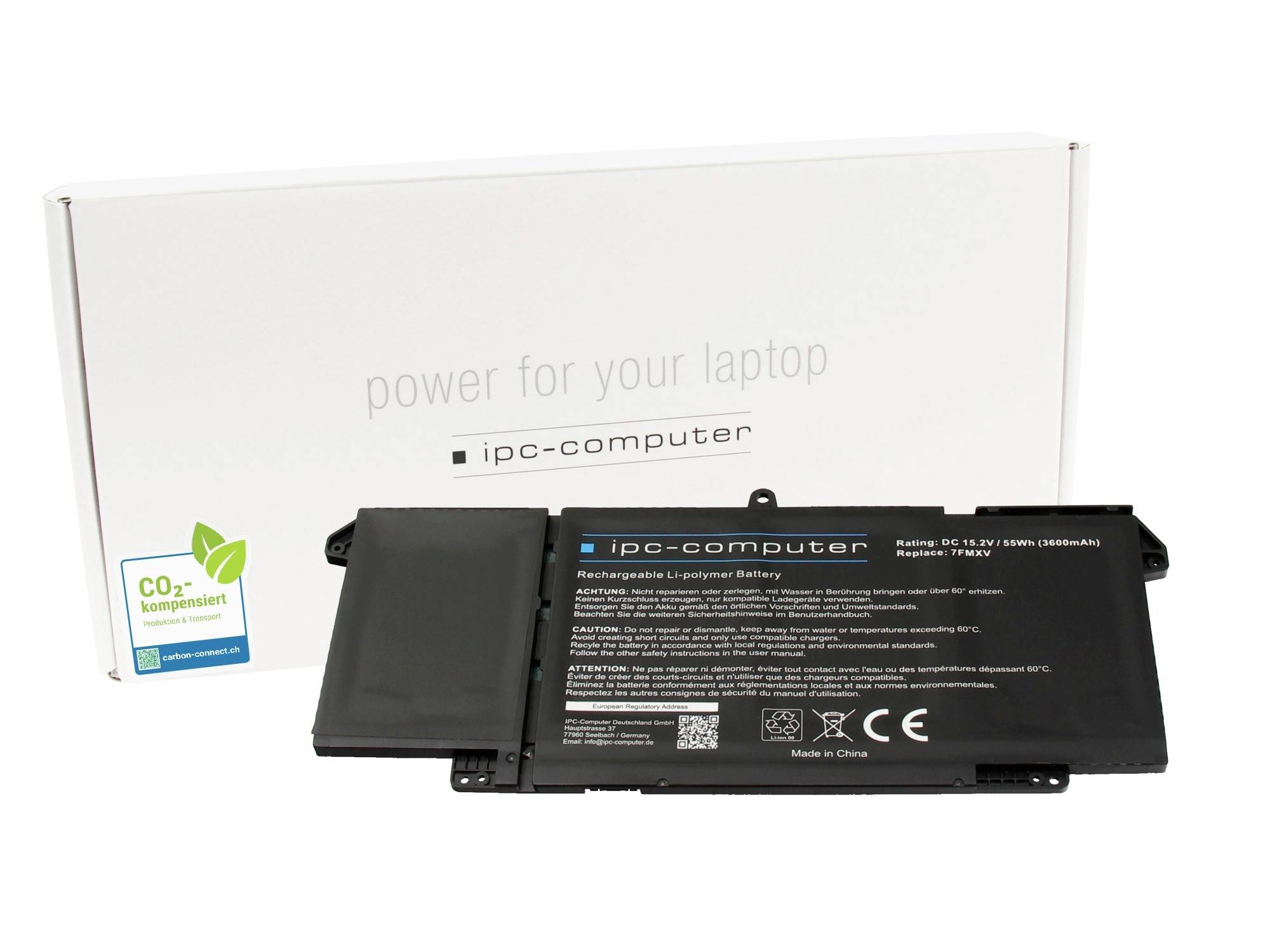 Ersatzbatterie für Laptop, abgebildet vor der Verpackung mit der Aufschrift „Power für Ihren Laptop