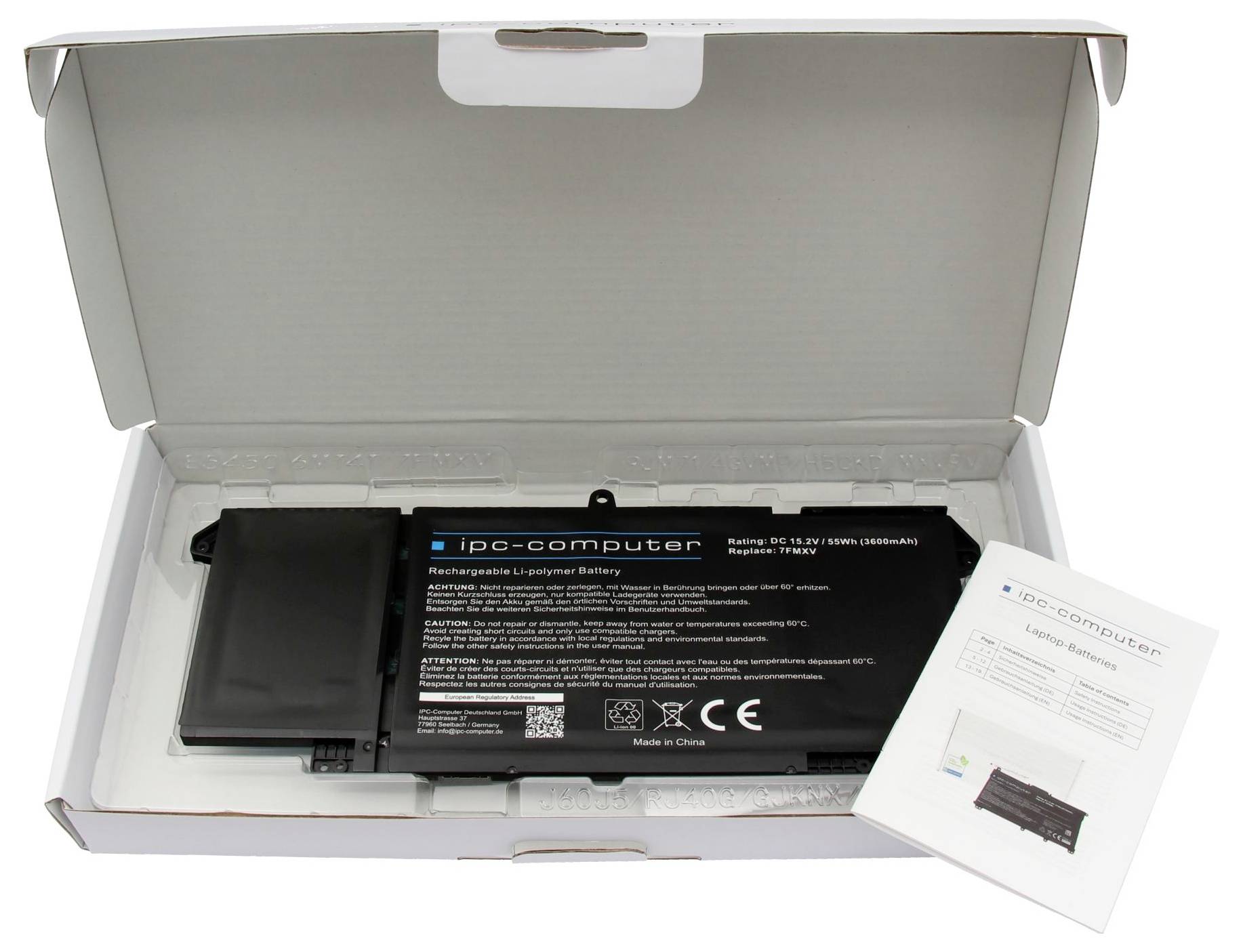 Offene Schachtel mit einem IPC-Computer-Akku für tragbare Computer im wiederaufladbaren Batterieverpackungsformat und Bedienungsanleitung, angezeigt in der Verpackung.