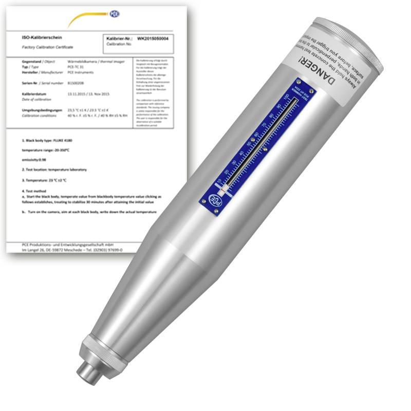 Temperaturkalibrierungszertifikat neben einem tragbaren Metallkalibriergerät mit der Bezeichnung GEFAHR, angezeigt mit einer blauen Thermometerskala-Bedienungstafel.