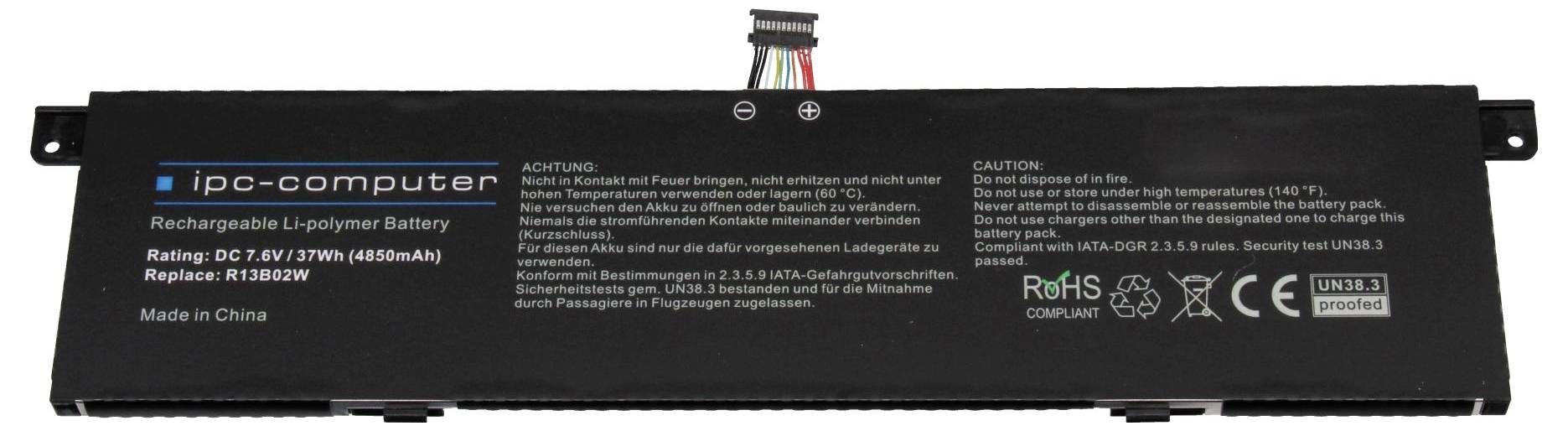 Ersatzbatteriepack für Laptop mit Bezeichnung ipc-computer, wiederaufladbarer Li-Polymer-Akku, Modell R13B0170, mit Warn- und Zertifizierungsmarkierungen.