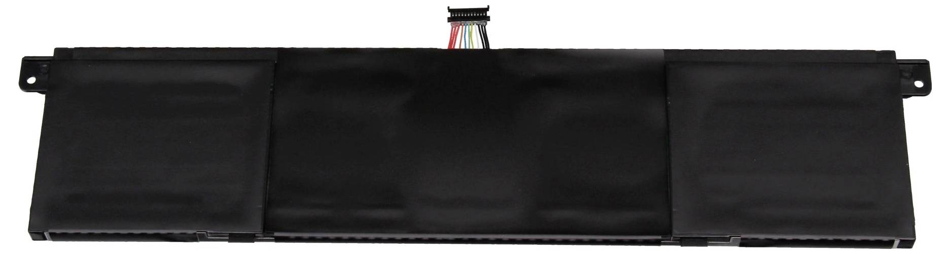 Schwarzes rechteckiges Laptop-Akkupaket mit Verbindungslaschen und Befestigungsöhren, dargestellt auf weißem Hintergrund.