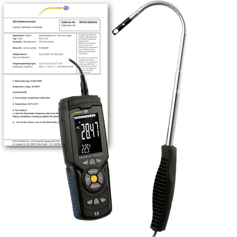 Digitales tragbares Thermometer-Messfühler mit Kalibrierzertifikat, das eine gemessene Temperatur von 28,47 und eine Sekundäranzeige von 22,5°C anzeigt