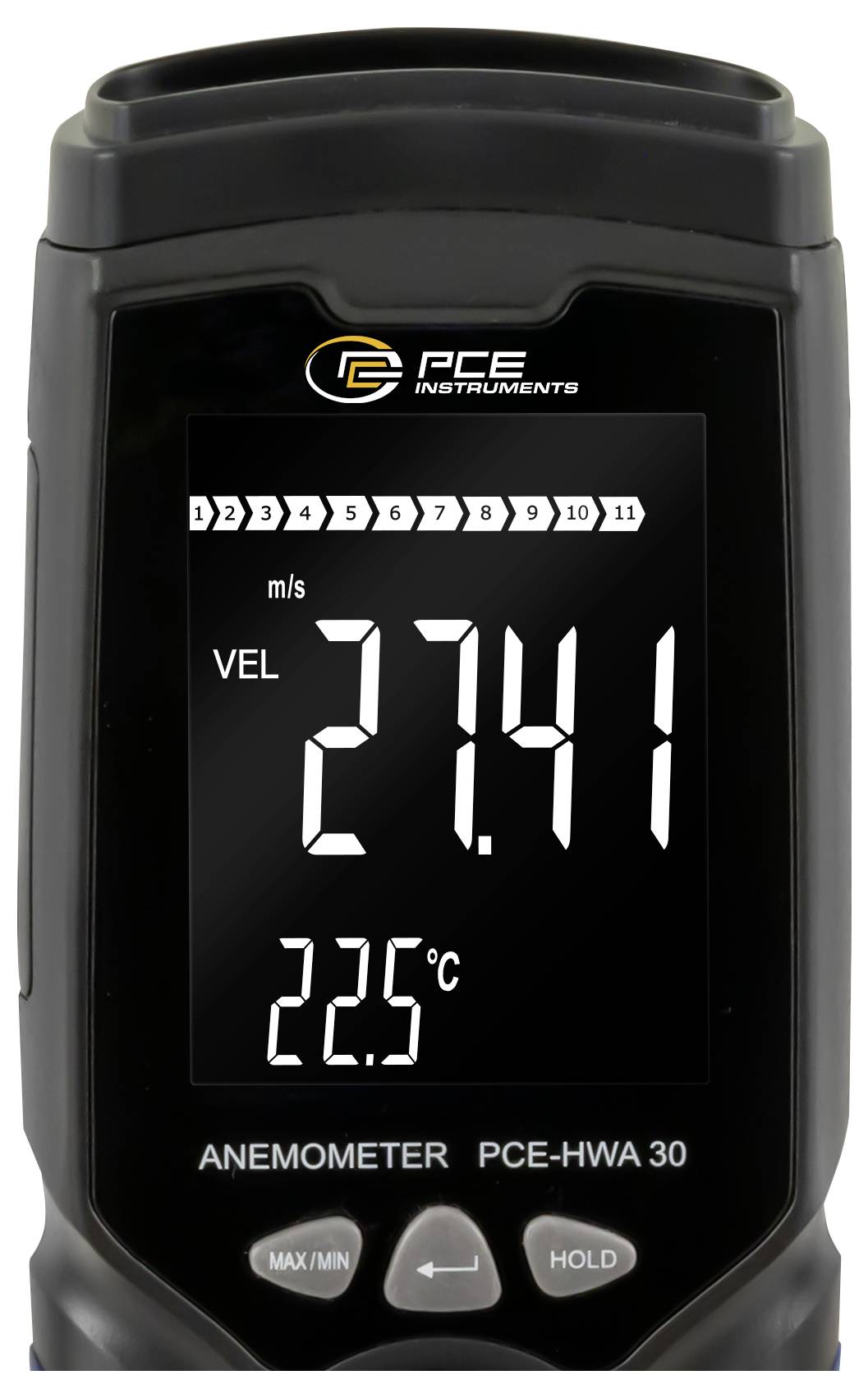 Tragbares digitales Anemometer mit Windgeschwindigkeit 27,41 m/s und Temperatur 22,5°C, gekennzeichnet als PCE-HWA 30.