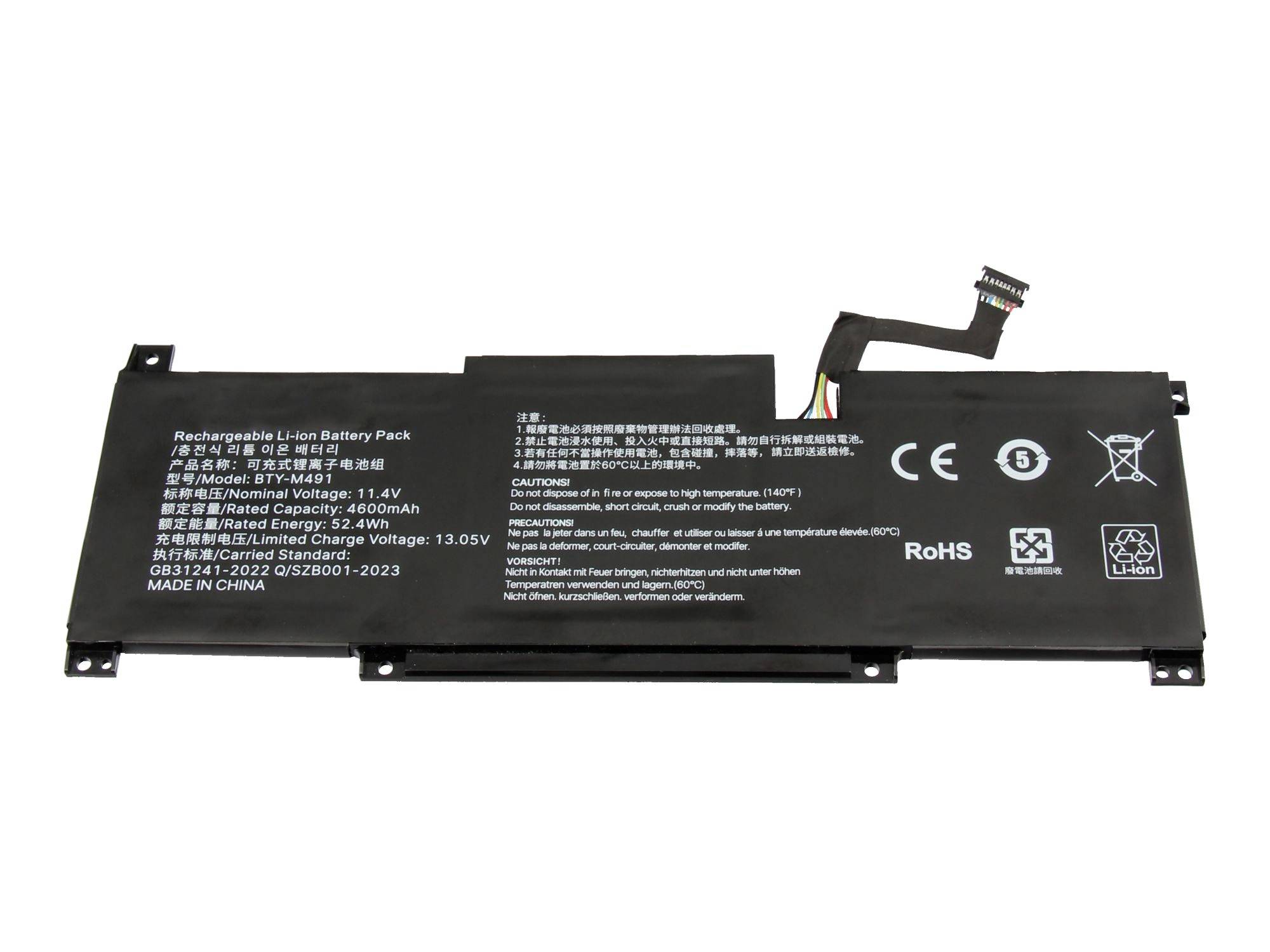 Schwarzer wiederaufladbarer Lithium-Ionen-Laptop-Akku mit Verbindungskabel und gedruckten Spezifikationen auf weißem Hintergrund.