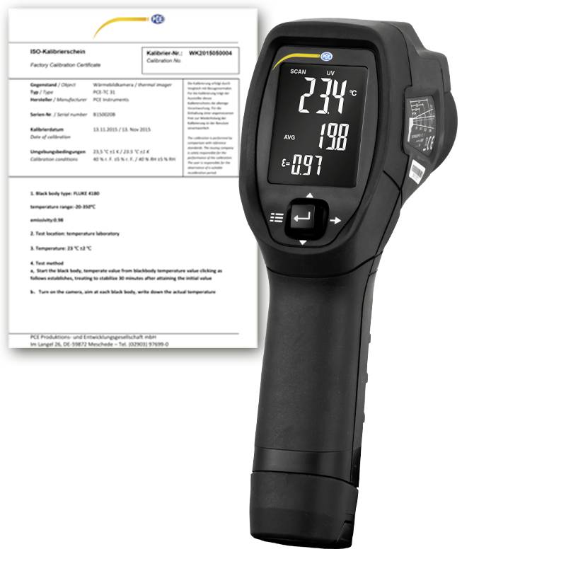 Infrarotthermometer mit einer Anzeige von 23,4°C neben einem Kalibrierzertifikatsdokument