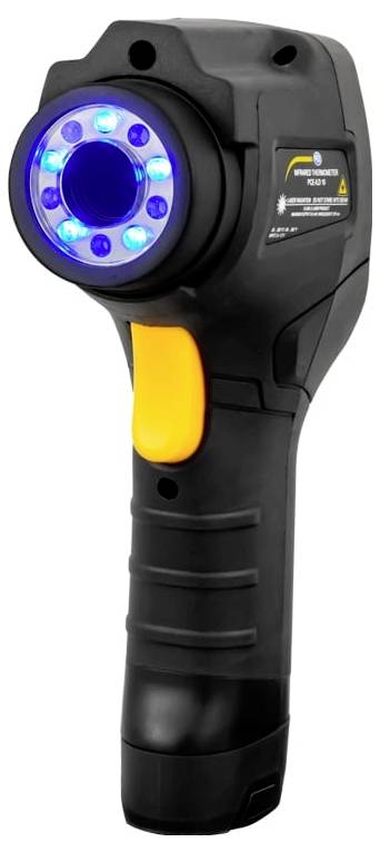 Tragbare Industrieinspektionskamera mit blauem LED-Ringlicht und gelbem Abzugsgriff auf weißem Hintergrund.