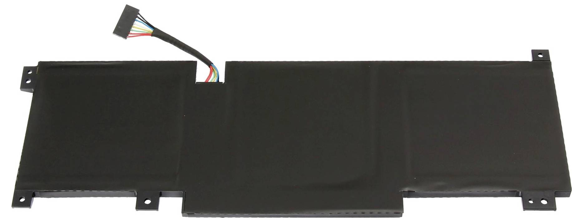Schwarze Laptop-Batteriebaugruppe mit Anschlussdrähten und Befestigungslaschen, vor weißem Hintergrund dargestellt.