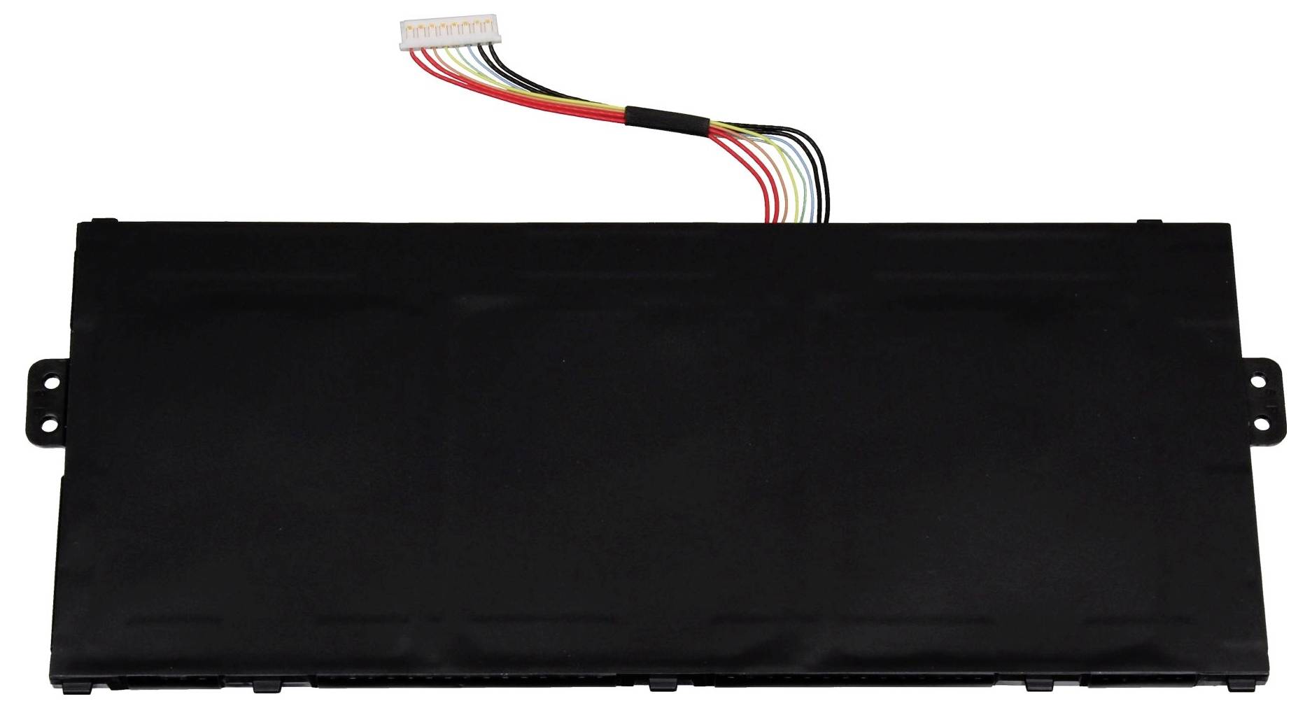 Schwarzes rechteckiges elektronisches Modul mit seitlichen Montagelaschen und einem mehrfarbigen Kabelstrang oben angebracht.