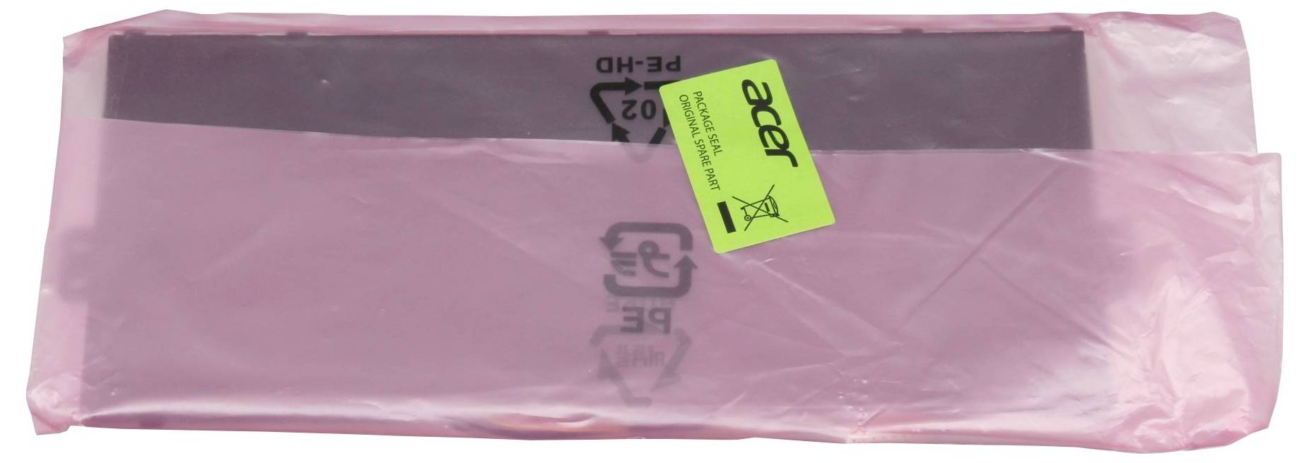 Rosa Kunststoff-Versandtasche mit einem schwarzen Gegenstand darin und einem leuchtend grünen „Acer
