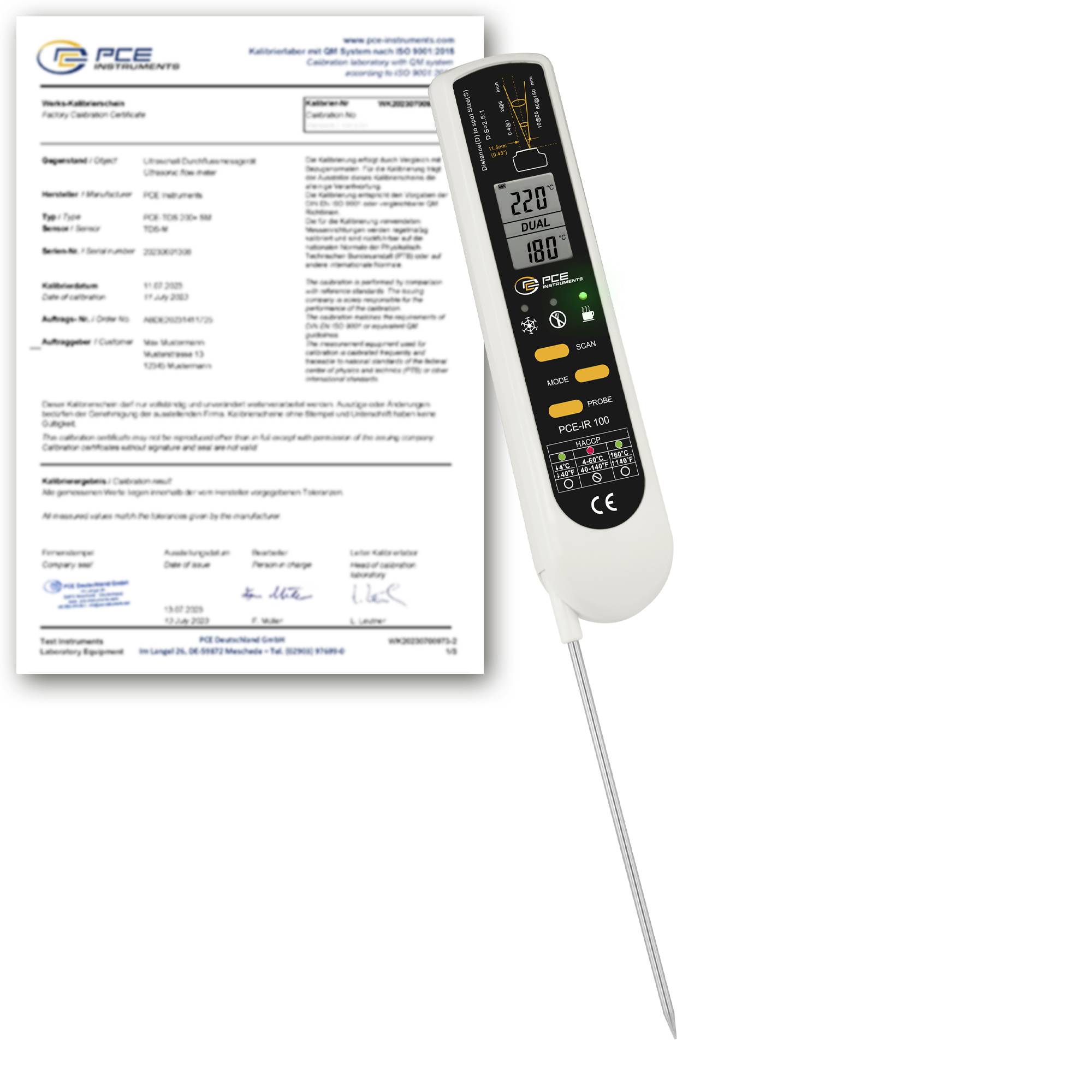Kalibriertes digitales Thermometer mit Messfühler neben einem Zertifikatsdokument von PCE Instruments.