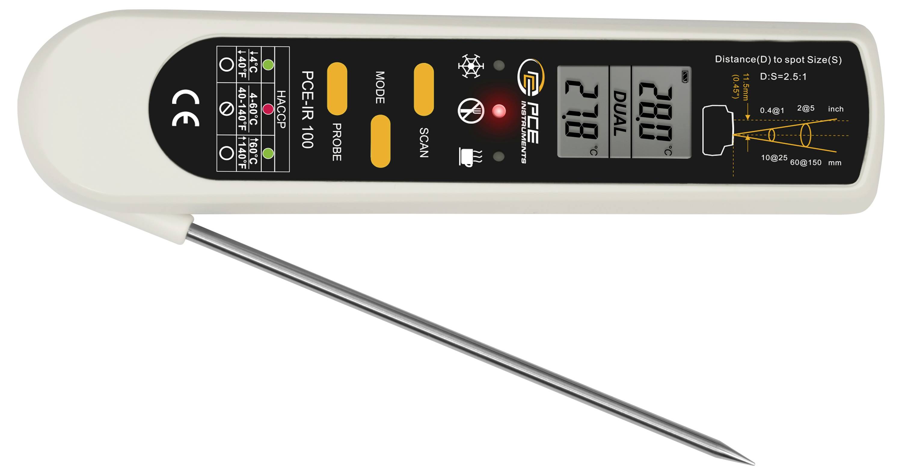 Digitales Fleischthermometer mit Metallsonde, zeigt LCD-Anzeigen von 28,0° und 20,2°C, Tasten und eine kleine Garküchleitfaden auf dem Display.