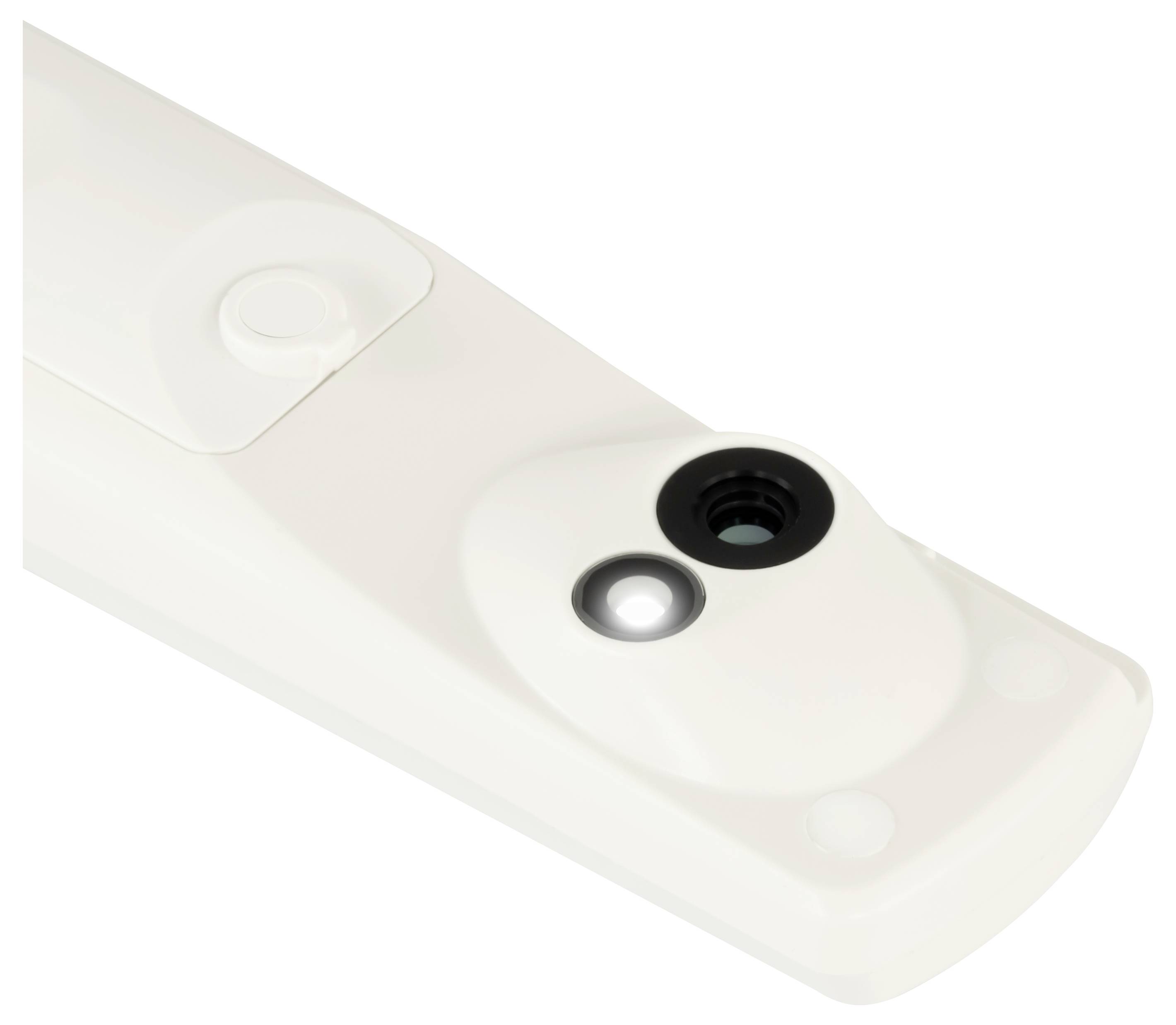Nahaufnahme eines Smartphone-Kameramoduls auf der Rückseite in Weiß mit zwei Linsen, einschließlich eines schwarzen Hauptobjektivs und eines kleineren Blitz- oder Sensors.