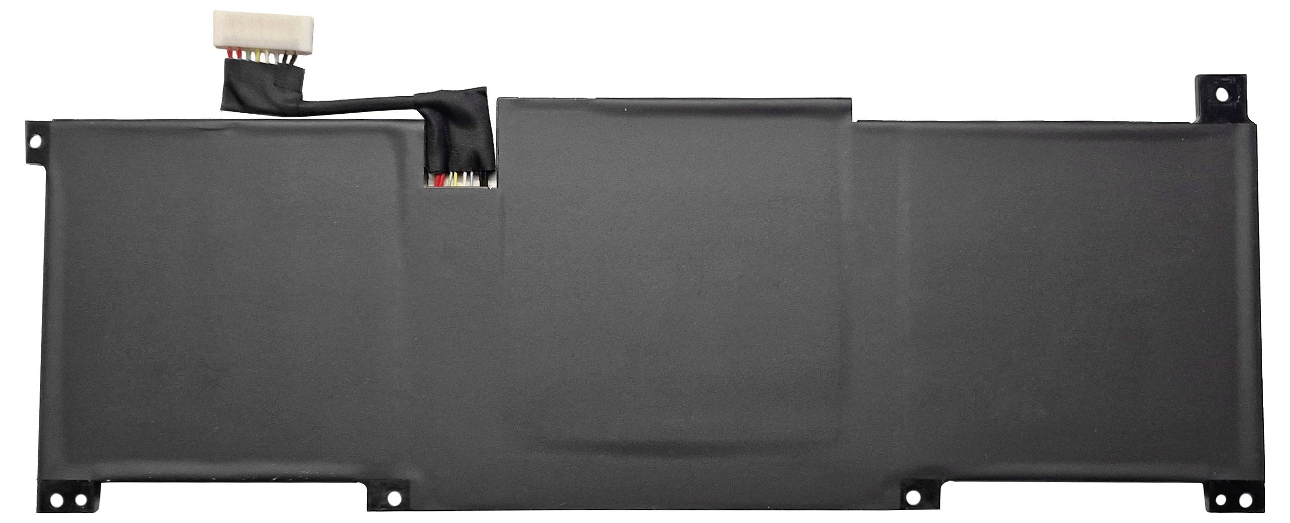 Schwarzes Laptop-Akkupack mit Anschllusskabel und Montagelaschen, dargestellt auf weißem Hintergrund.