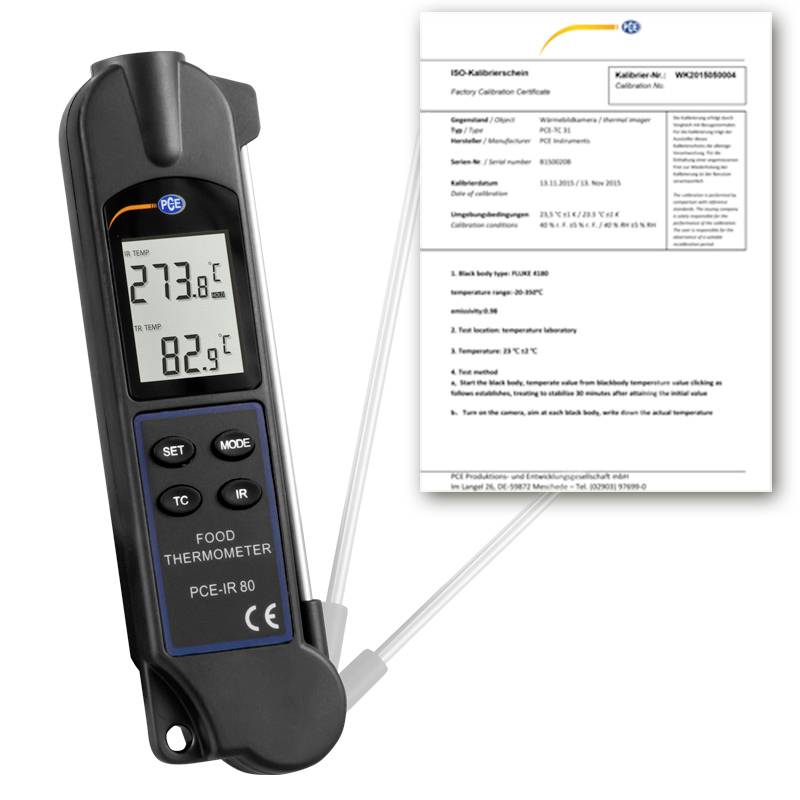 Tragbares PCE IR 80 Lebensmittelthermometer mit Anzeige von 273,8 und 82,9 neben einem Werks-Kalibrierungszertifikat.