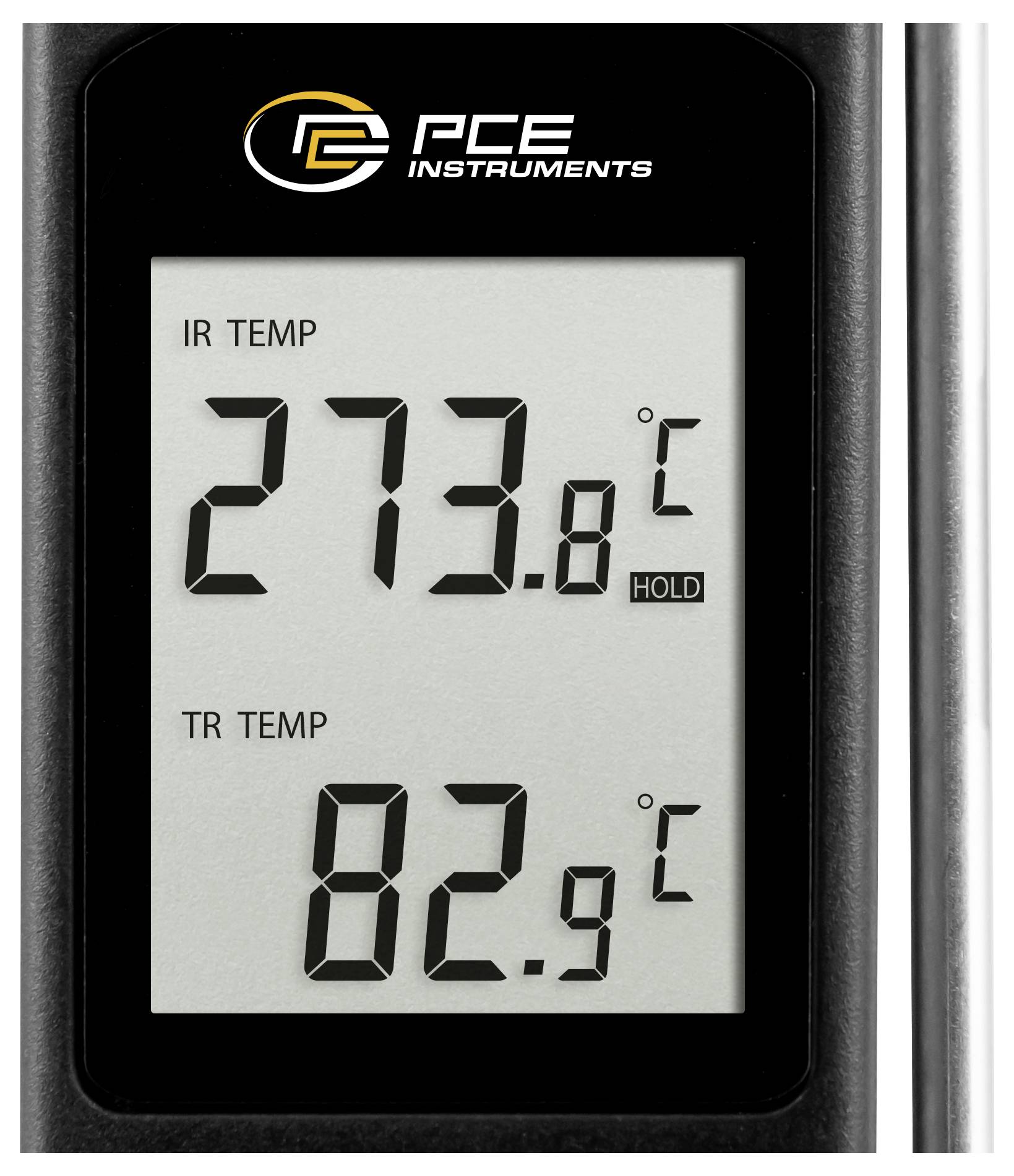 Digitales IR-Thermometer-Display zeigt IR TEMP 273,8°C und TR TEMP 82,9°C mit HOLD-Anzeige.