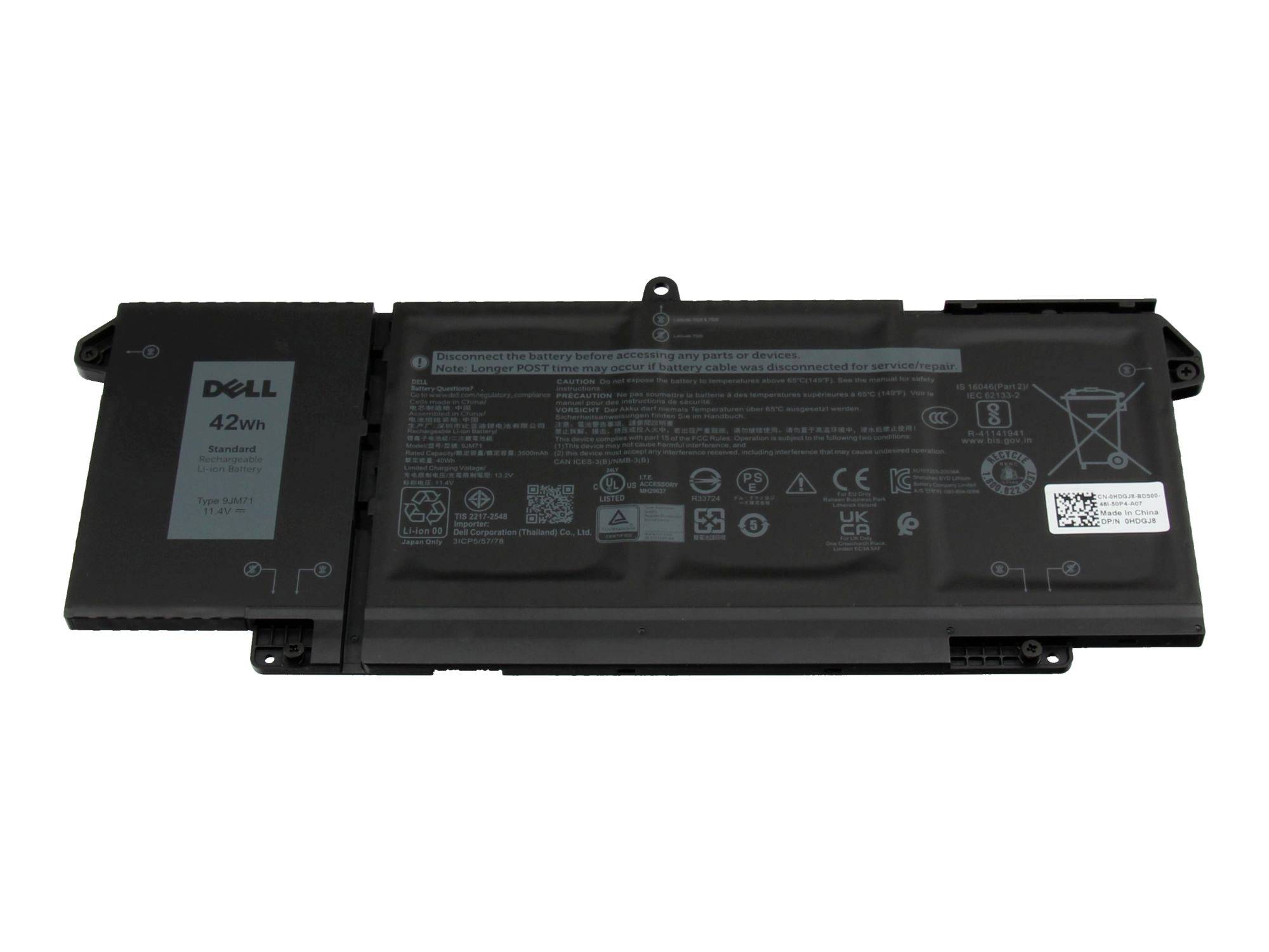 Schwarze Dell 42Wh Laptop-Batterie auf weißem Hintergrund.