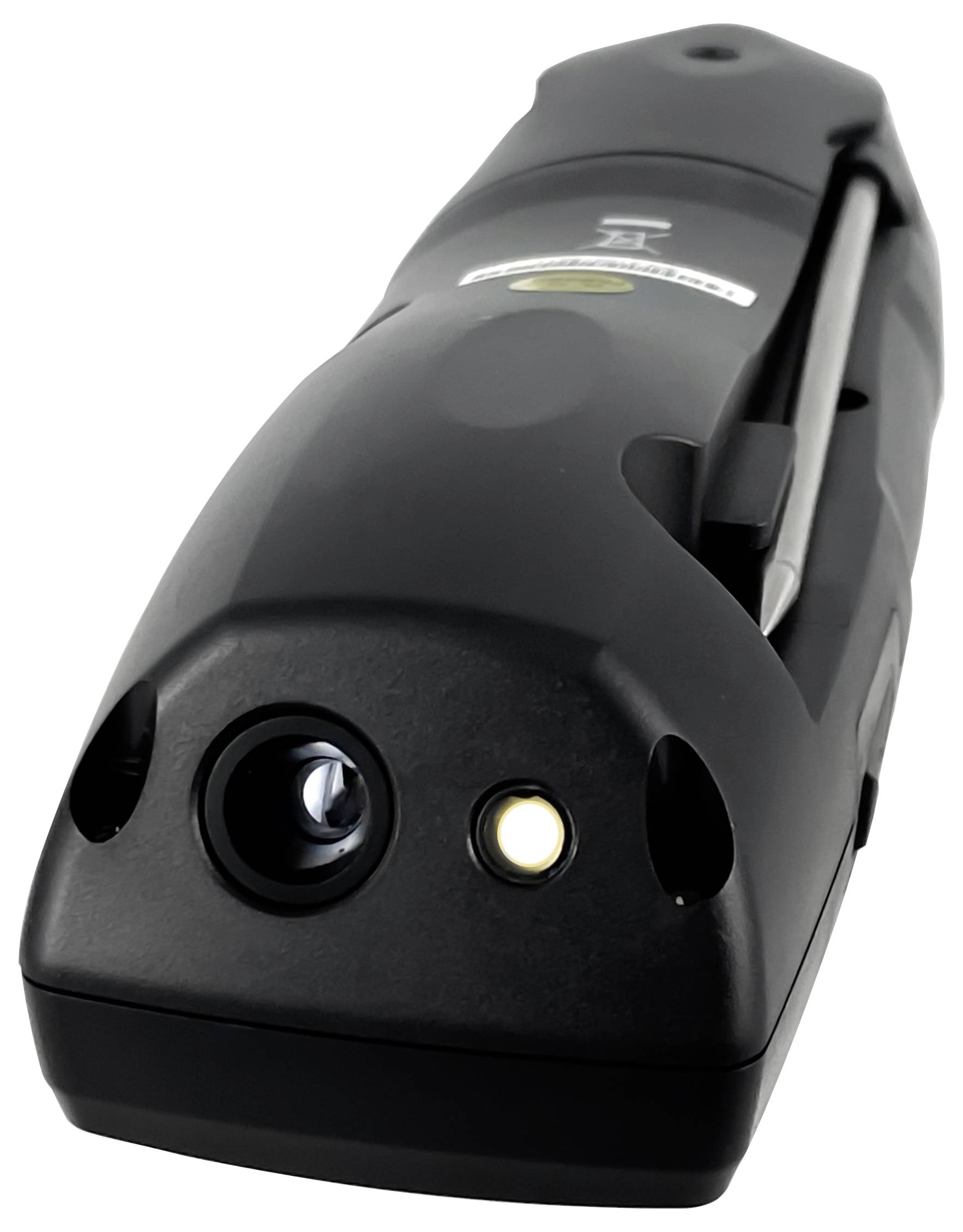 Tragbarer schwarzer Barcode-Scanner mit Auslöser und Scan-Fenster, dargestellt auf weißem Hintergrund.