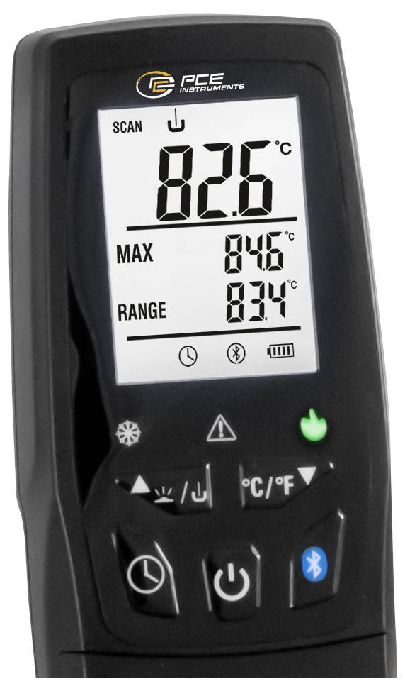 Das tragbare PCE-Thermometer zeigt 82,6°C im Scanmodus an, mit einem Maximum von 84,6°C und einem Bereich von 83,4°C auf dem Display.