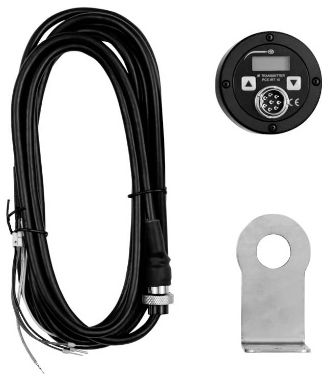 Aufgerolltes schwarzes Sensorkabel mit Stecker, plus rundes Senderdisplay und metallische Montageklammer, gezeigt als Produktteile.