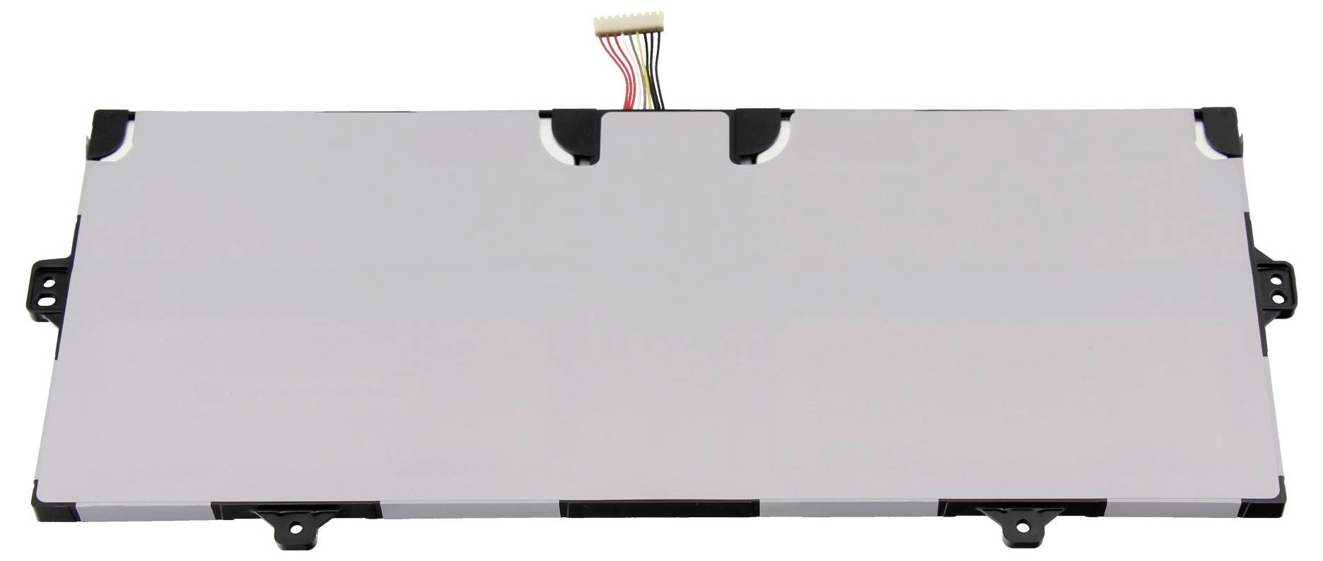 Rechteckiges LCD-Anzeigefeld mit Befestigungslaschen und einem Flachbandkabelstecker oben, gezeigt auf weißem Hintergrund.