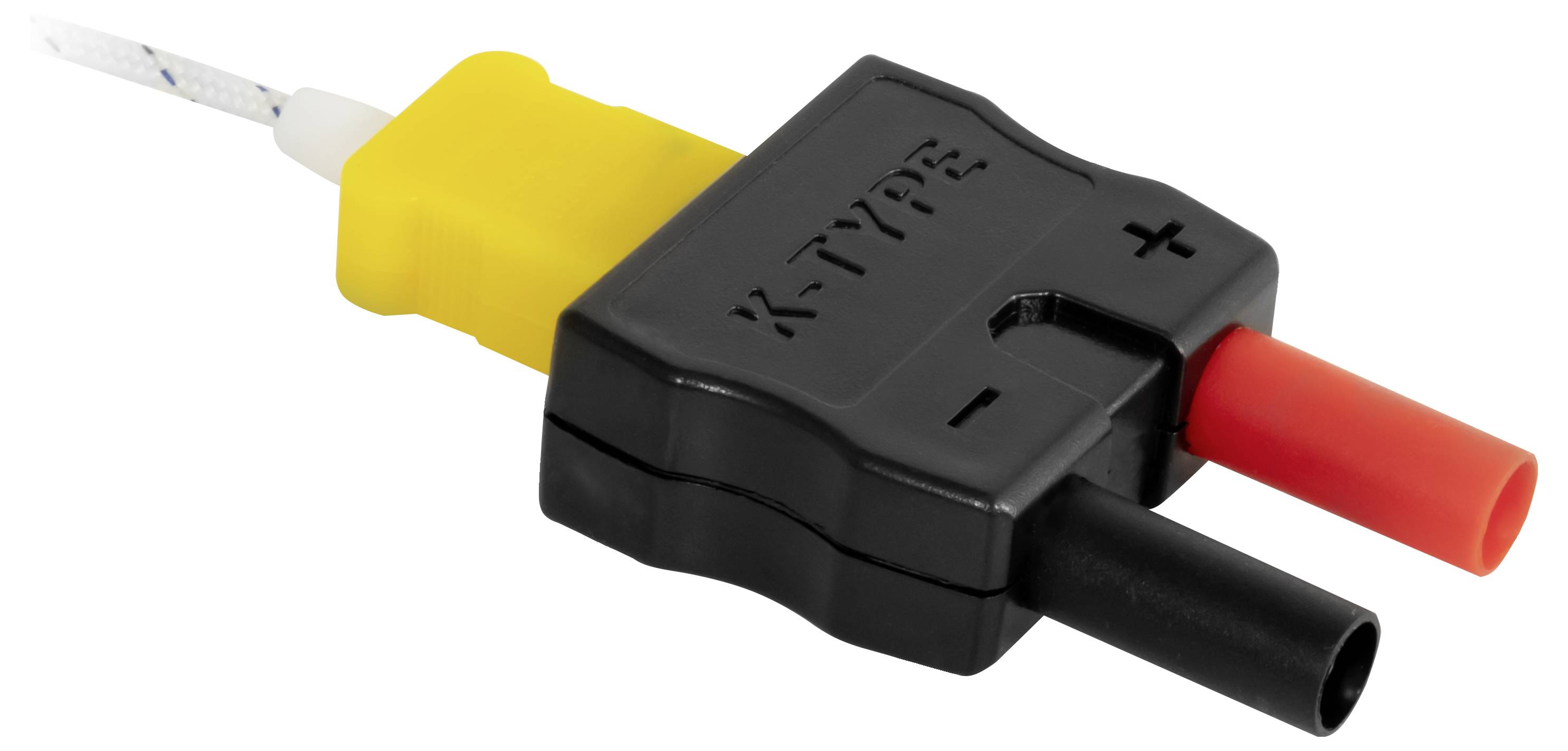 Nahaufnahme eines Thermoelement-Steckeradapters mit schwarzem Kunststoffgehäuse, beschriftet mit 