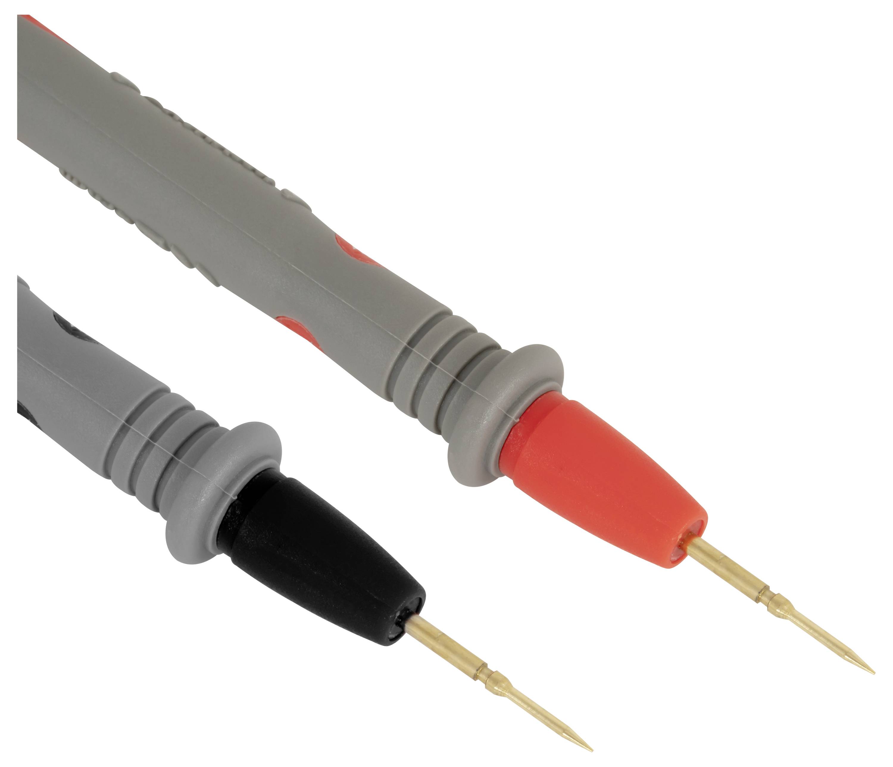 Nahaufnahme von zwei isolierten elektrischen Messsonden mit grauen Griffen, eine mit roter Spitze und eine mit schwarzer Spitze, zeigt scharfe Metallsondenspitzen.