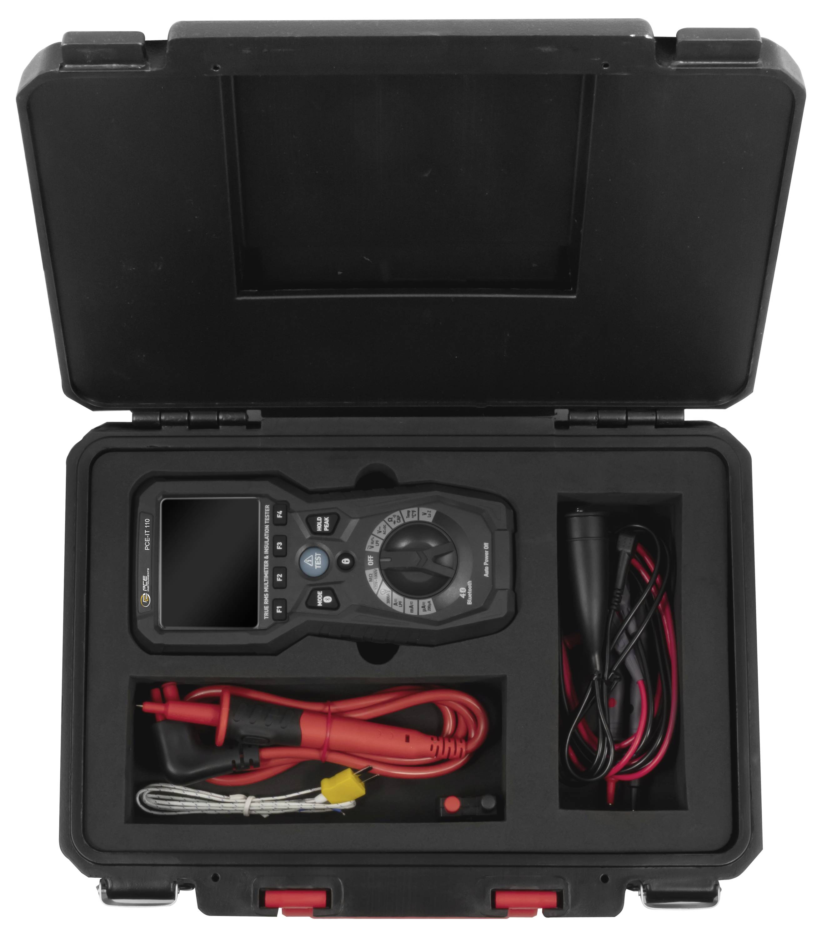 Offener hartschalenkoffer mit einem digitalen Multimeter mit Messleitern, roten Prüfleitern und Kabeln in Schaumstoffkammern.