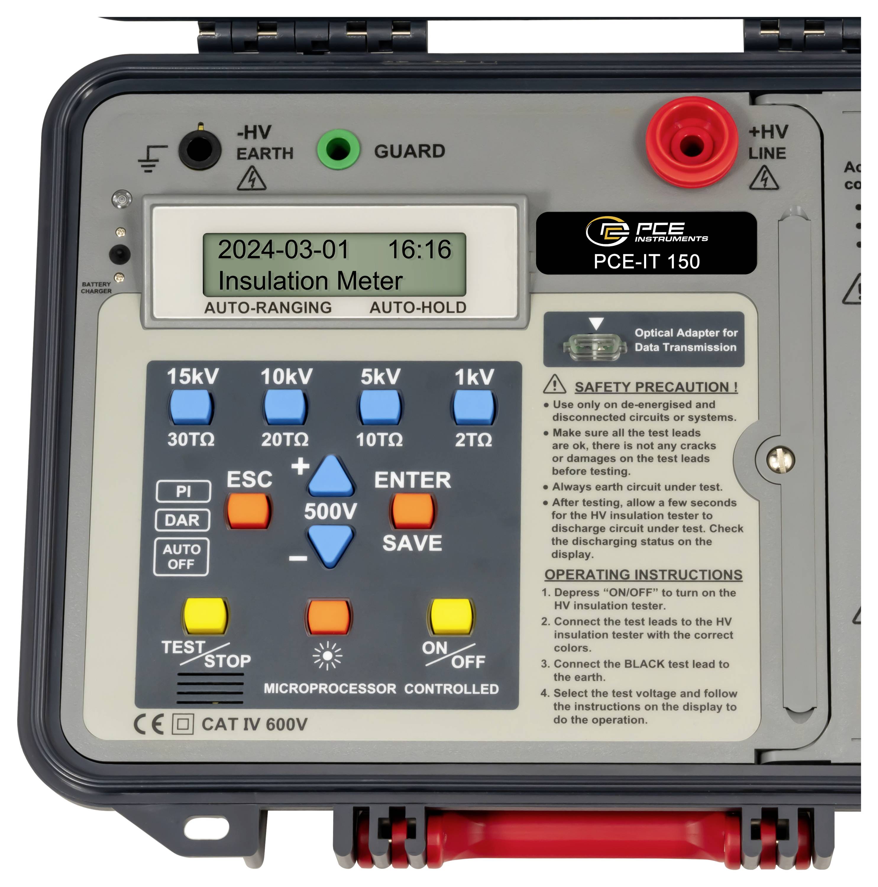 Frontplatte eines PCE-IT 150 Isolationsmessgeräts, die ein digitales Display, Spannungswahlschalter und Teststeuerungen für die Prüfung der elektrischen Isolierung zeigt.