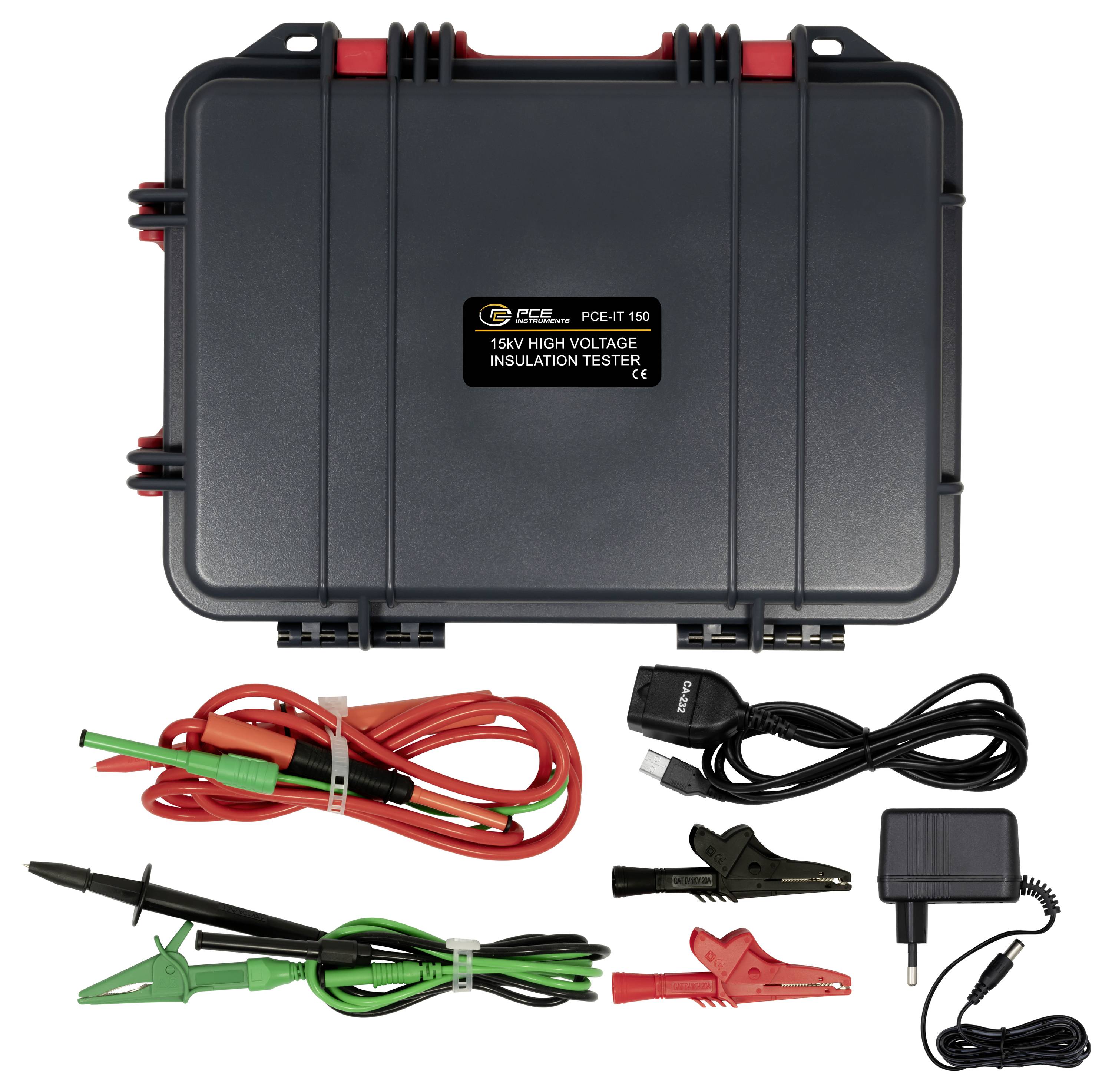 Tragbares 15-kV-Hochspannungs-Isolationsprüfgerät in einem Hartschalenkoffer, zusammen mit Prüfleitungen, Klemmen, Prüfspitzen, USB-Kabel, Stromadapter und Ladegerät.