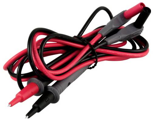 Aufgerollte rot und schwarze Multimeter-Messleitungen mit isolierten Krokodilklemmen und Sondenspitzen auf weißem Hintergrund.