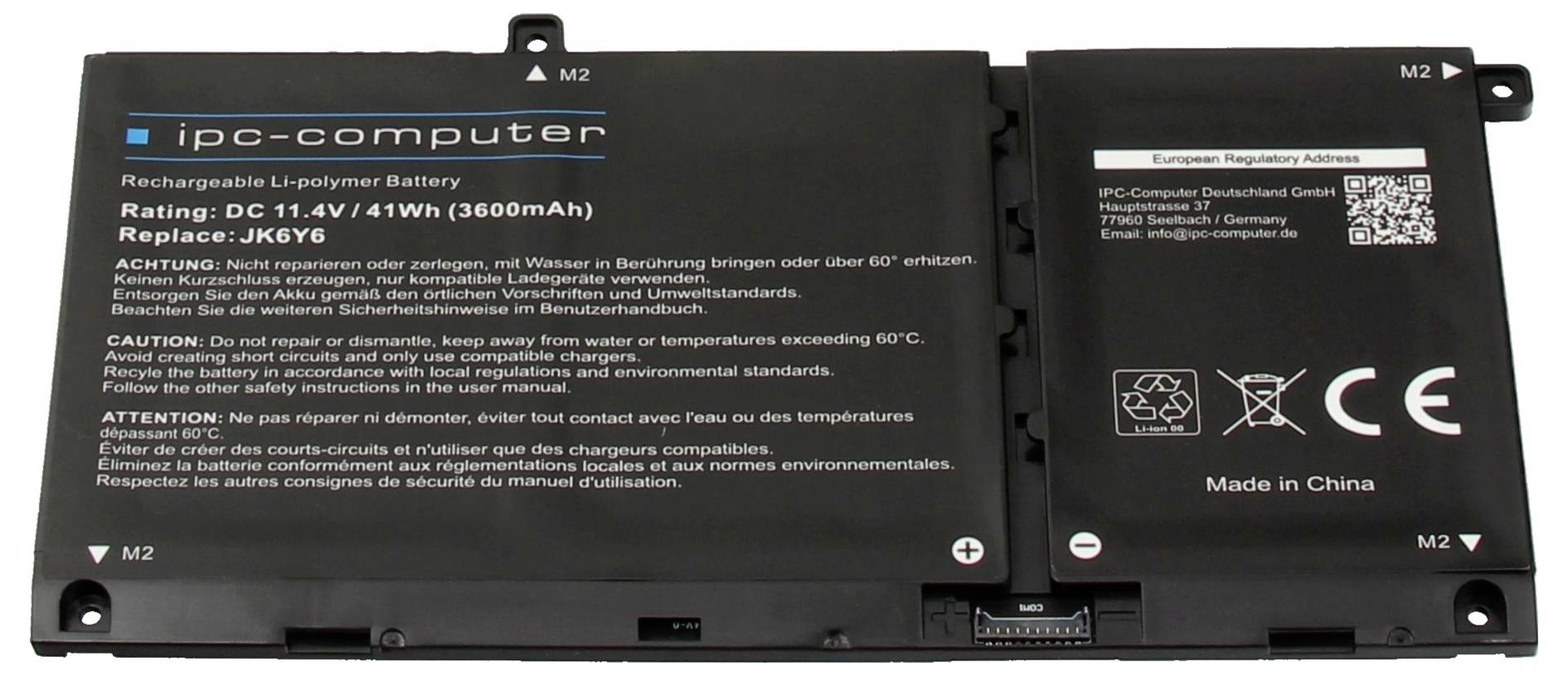Schwarzes wiederaufladbares Li-Polymer-Akkupack mit Beschriftung „ipc-computer