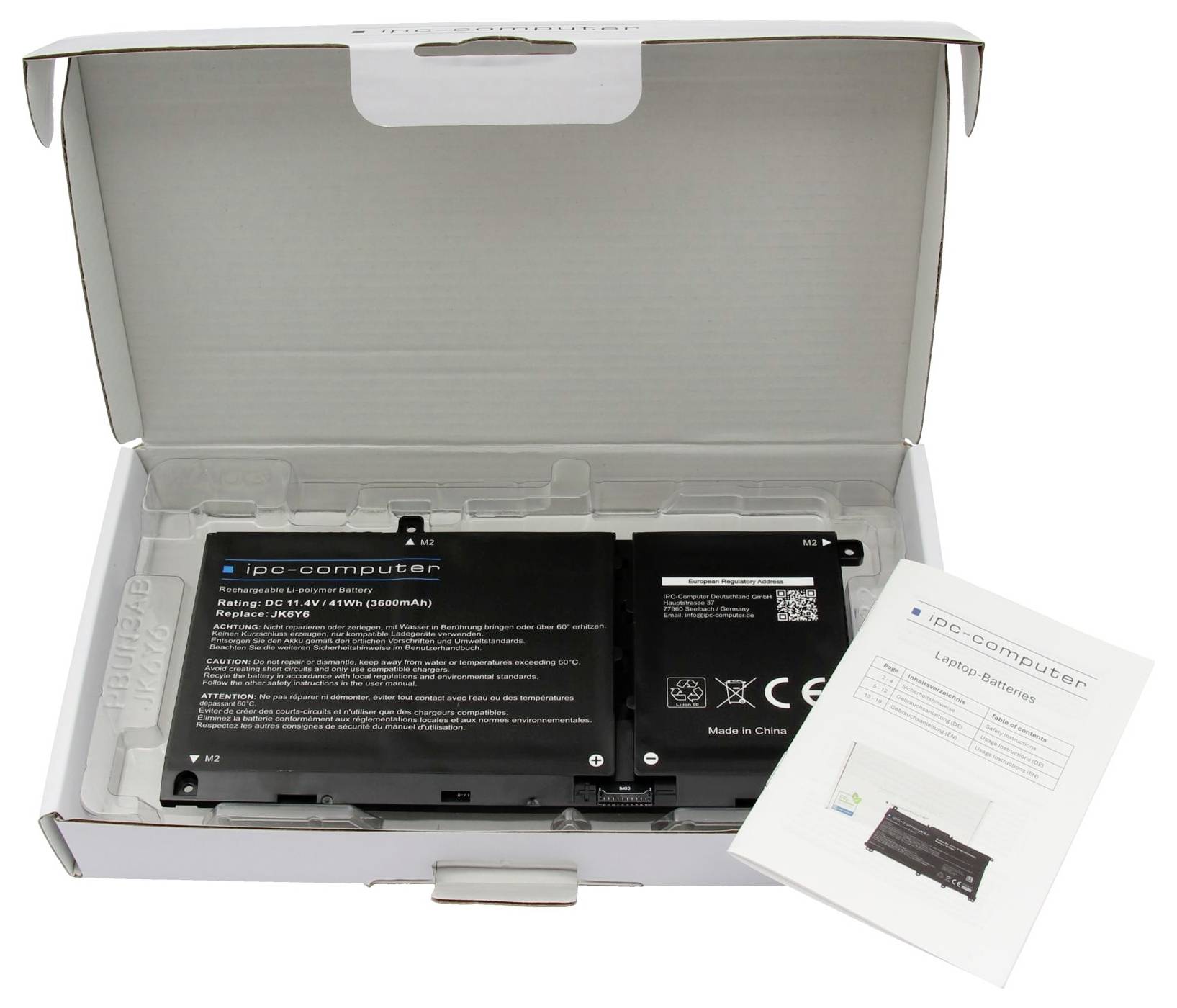 Versandkarton öffnen, der zwei schwarze IPC-Computer-Akkupacks oder Module sowie ein Benutzerhandbuch mit der Bezeichnung „IPC-Computer